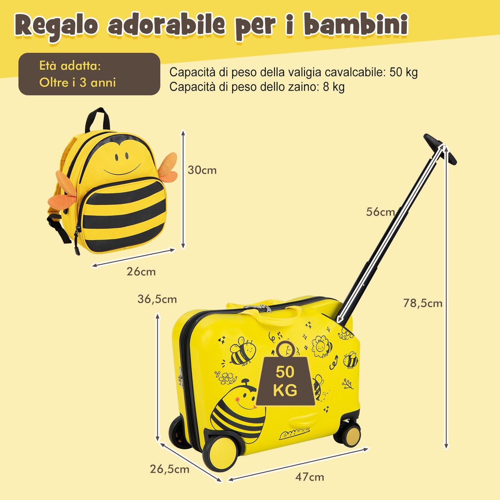 RELAX4LIFE Set Valigia Cavalcabile/Trolley per Bambini 18‘’ con Zaino 12‘’, 4 Ruote Girevoli, Maniglia Retrattile 56cm, 2 Cingie Multiuso, Zaino: 26x30cm/Trolley:47x26,5x36,5cm (Giallo)