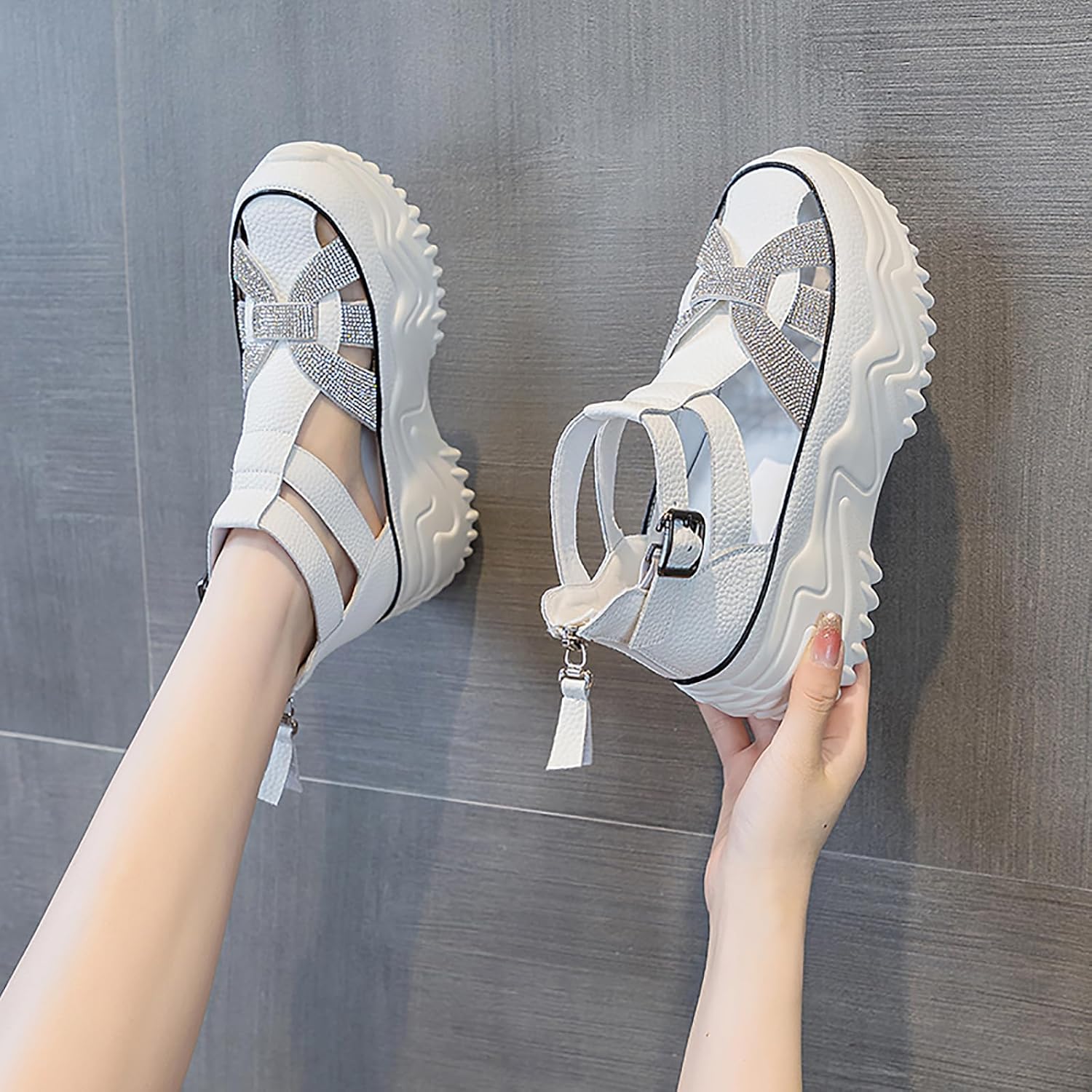 Chunky Platform Sneakers for Women Sneaker Sandals with Back Zipper Rhinestones