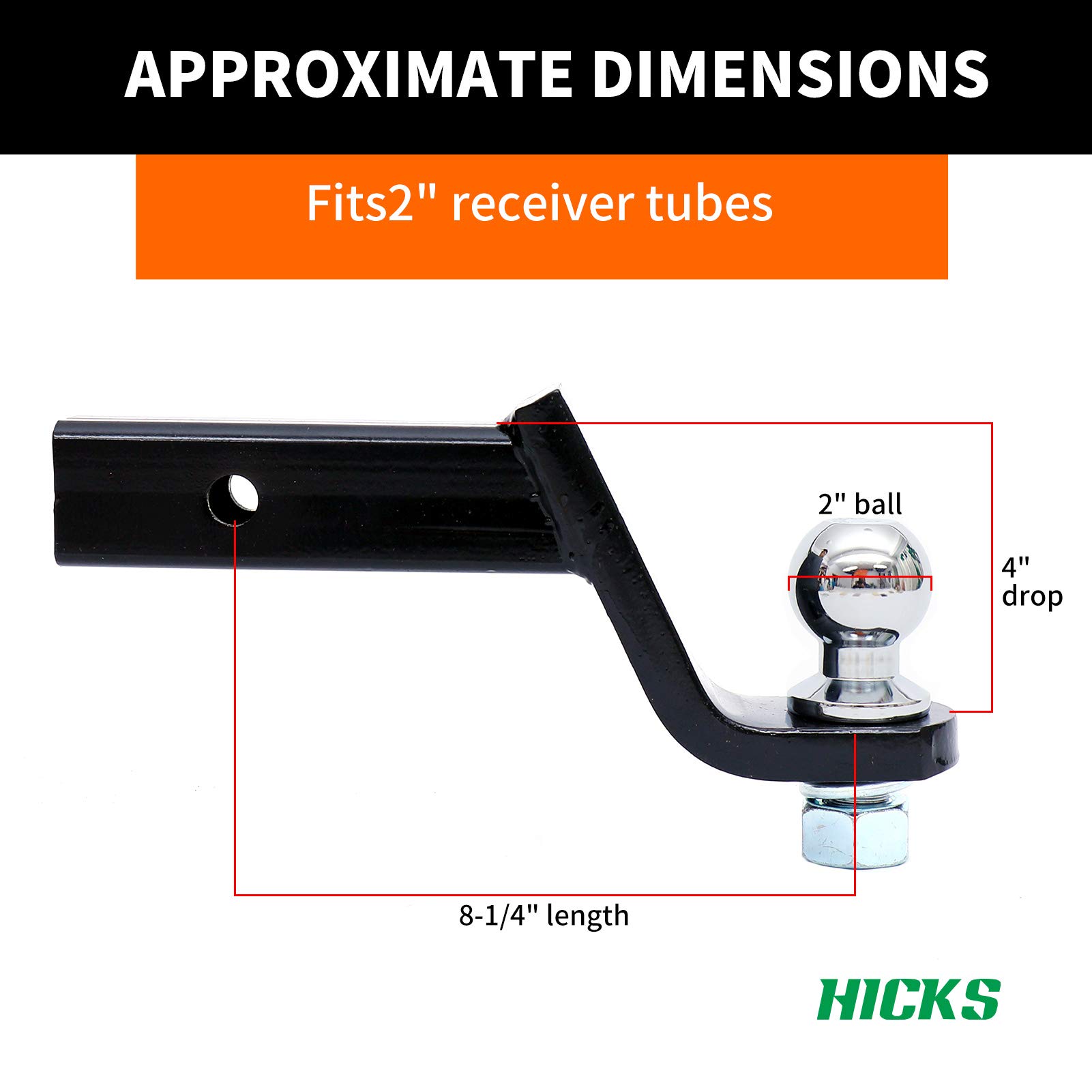 HICKS 45056 Trailer Hitch Mount with 2-Inch Ball & Pin, Fits 2-in Receiver,6000 lbs,4-Inch Drop