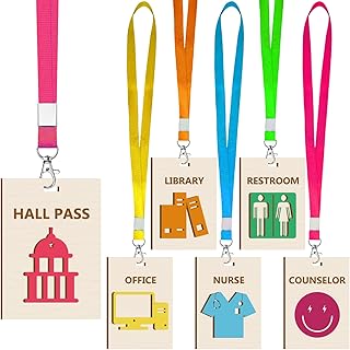 6 Sets Hall Pass Lanyards and School Passes Back to School Unbreakable Wooden Restroom Passes Cards for Classrooms Hall Nurse Library Office Counselor Teacher Supplies Gift(Colorful)