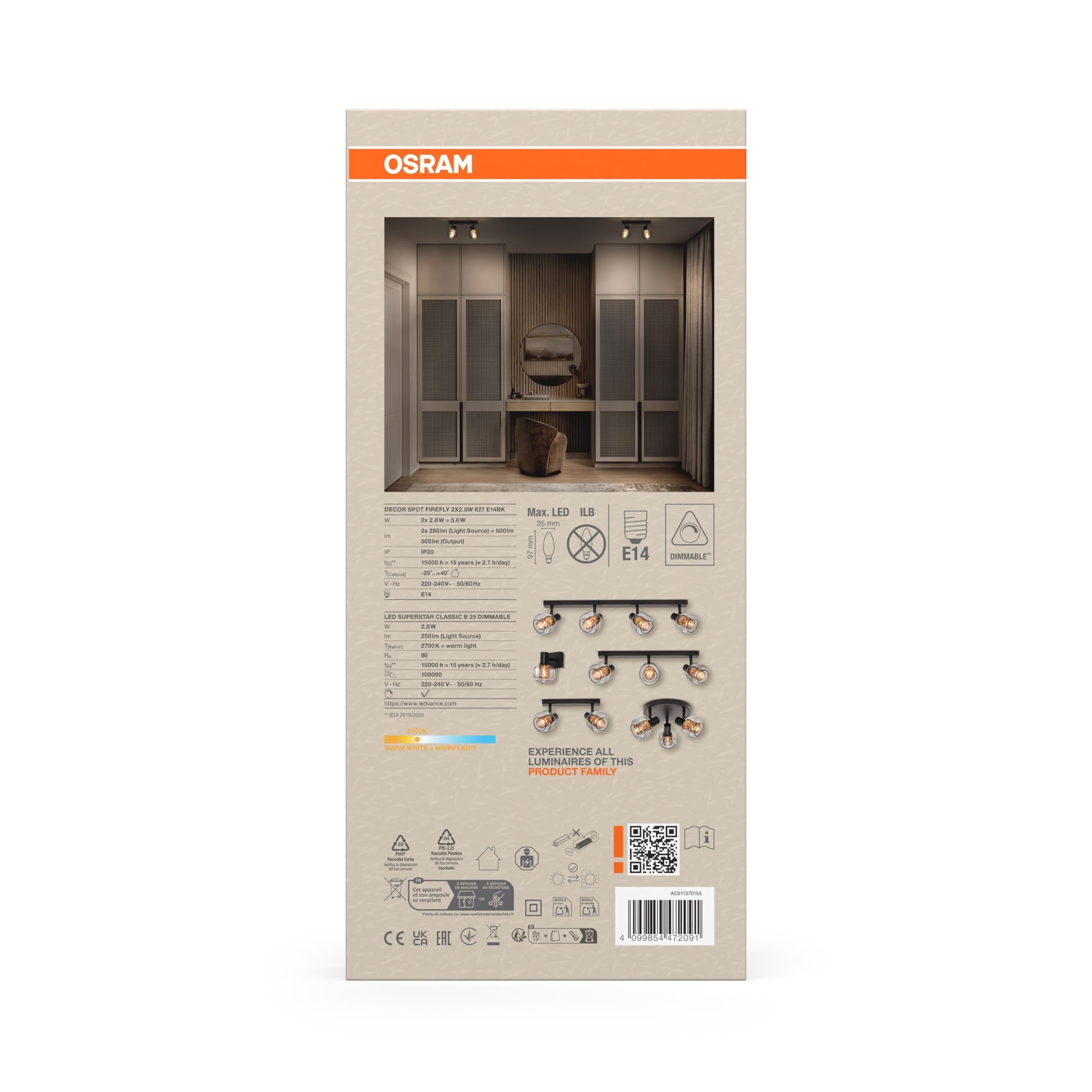 Osram DECOR Spot Firefly lampa ścienna, 2 x 2,8 W, E14, 500 lm, 2700 K, ciepła biel, możliwość ściemniania, IP20, metal/szkło, czarna, LED w zestawie i wymienna