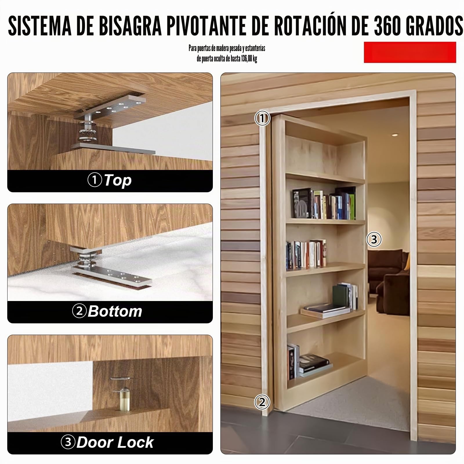 Bisagra de puerta oculta, bisagras pivotantes de acero inoxidable, resistentes, rotación de 360°, hasta 136 kg, plata