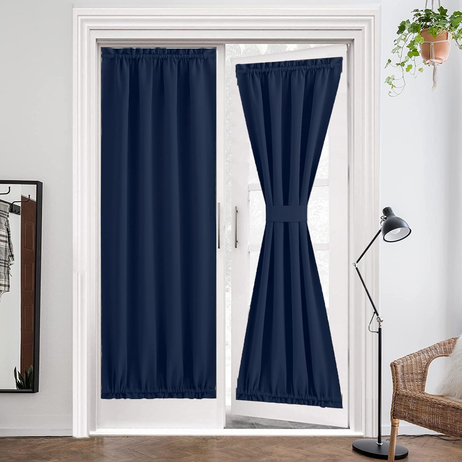 ZHhan French Door Curtains Privacy Blackout French Door Rod Pocket Drapes for Glass Door Home Office,Sidelight Curtain Tie up Shade,Easy Installed 137x203cm,Navy Blue,1 Panel