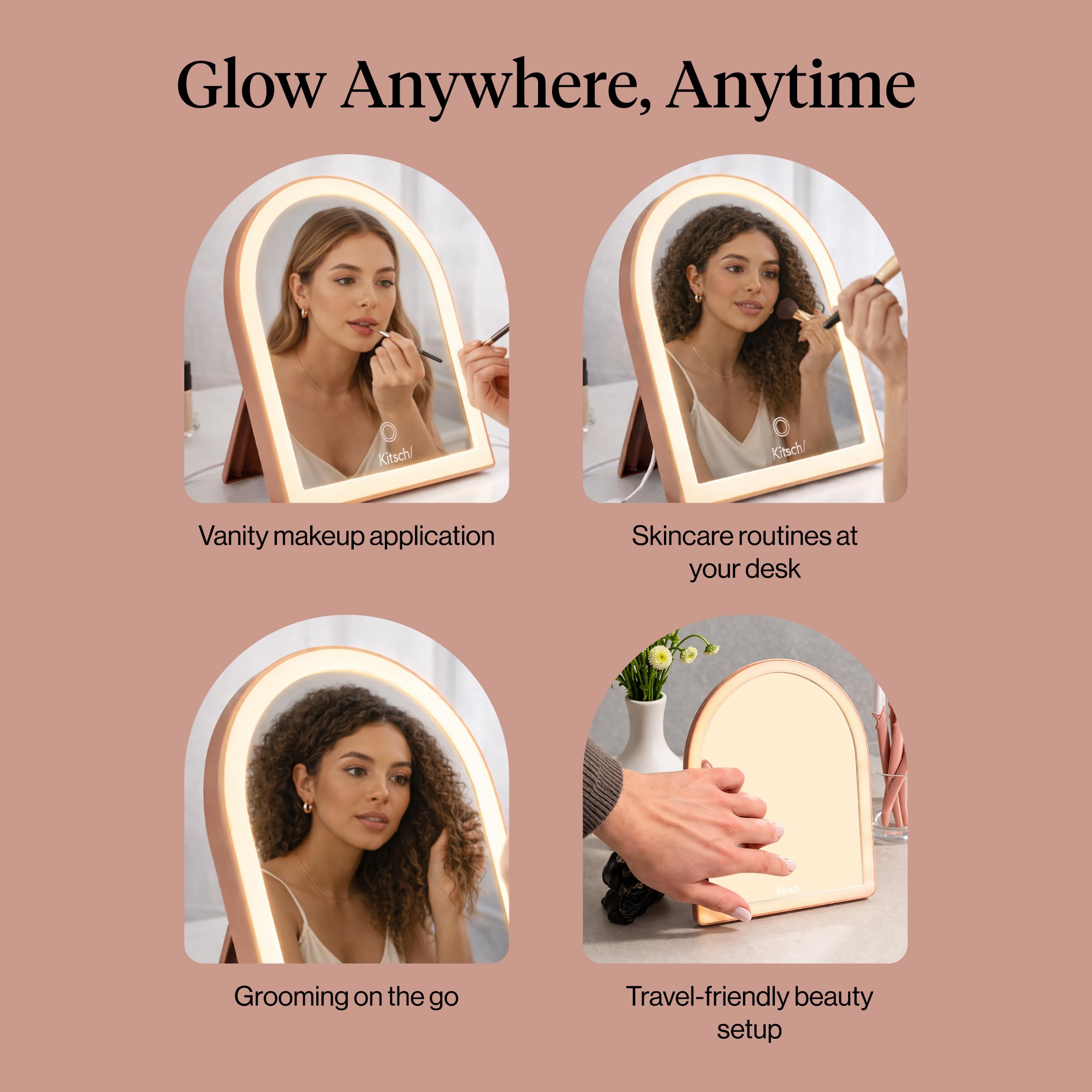 Kitsch Specchio da scrivania ad arco con luci, superficie per trucco a LED, sensore touch, dimmerabile, luce calda neutra fredda, specchio da scrivania ricaricabile con cavalletto, per viaggi