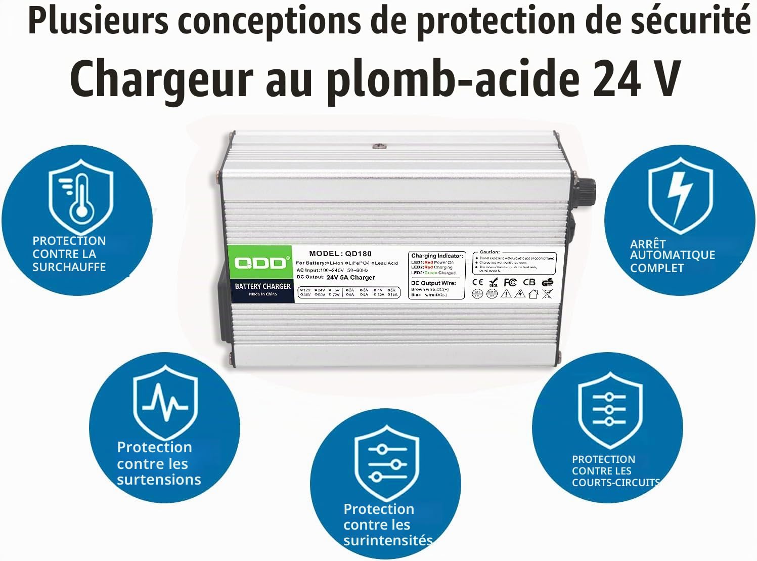 QDD Chargeur 24V 5A Chargeur Plomb-Acide 24V Utilisé pour Batterie Plomb-Acide 24V AGM Gel VRLA OPZV Sortie CC Connecteur XLR 3 Broches