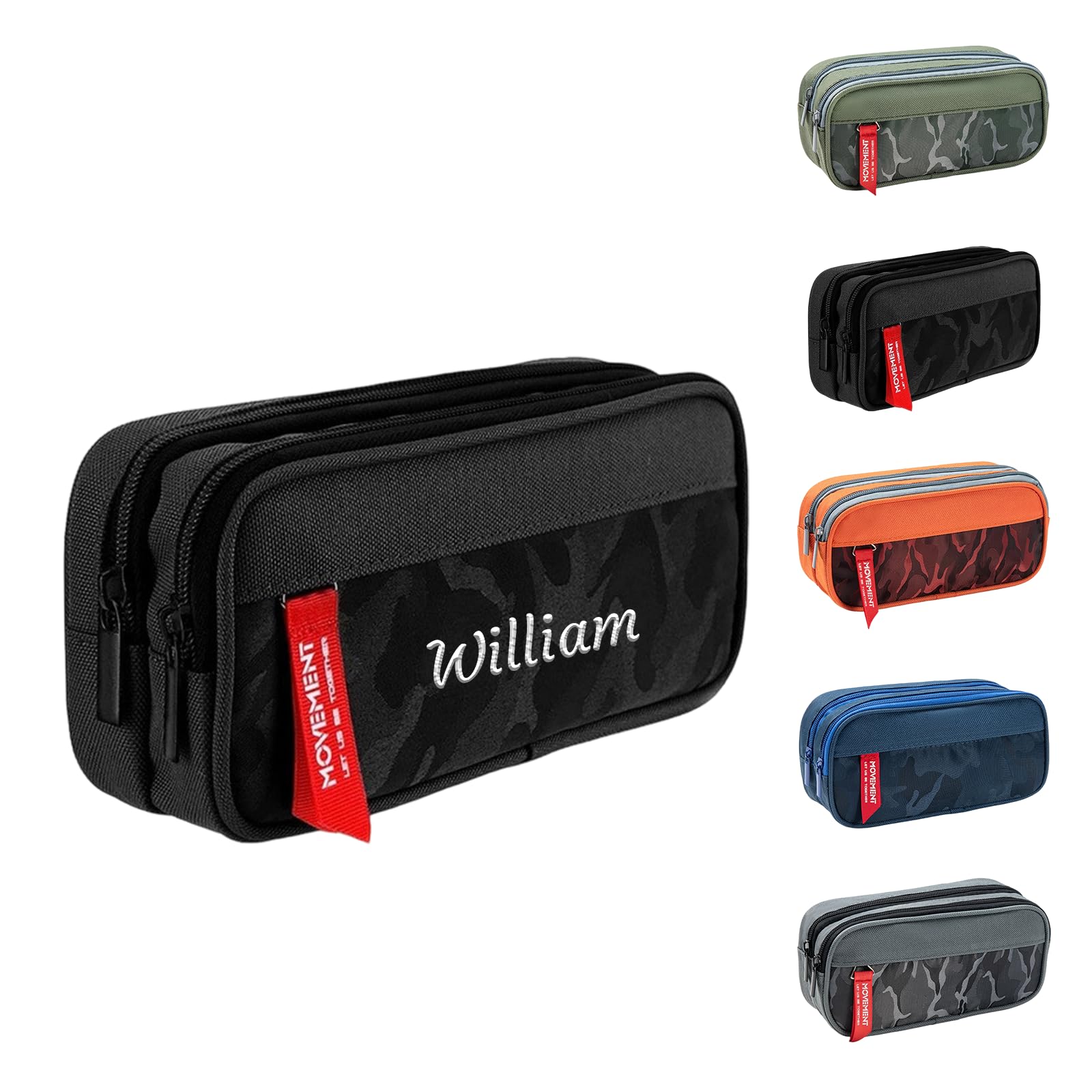 Personalized Pencil Case with Name Embroidery, Three Compartments Pencil Pouch for School Supplies & Office, Camouflage Portable Organiser for Daily Storage/Travel Large Capacity 21.6×9.5cm (Black)