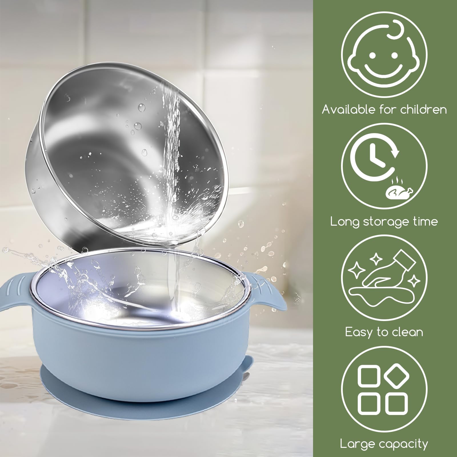Set De 2 Bols Bébé Avec Ventouse - Acier Inoxydable 304 & Silicone - Compatible Lave-Vaisselle - Sans BPA - Empilable - Yamobi