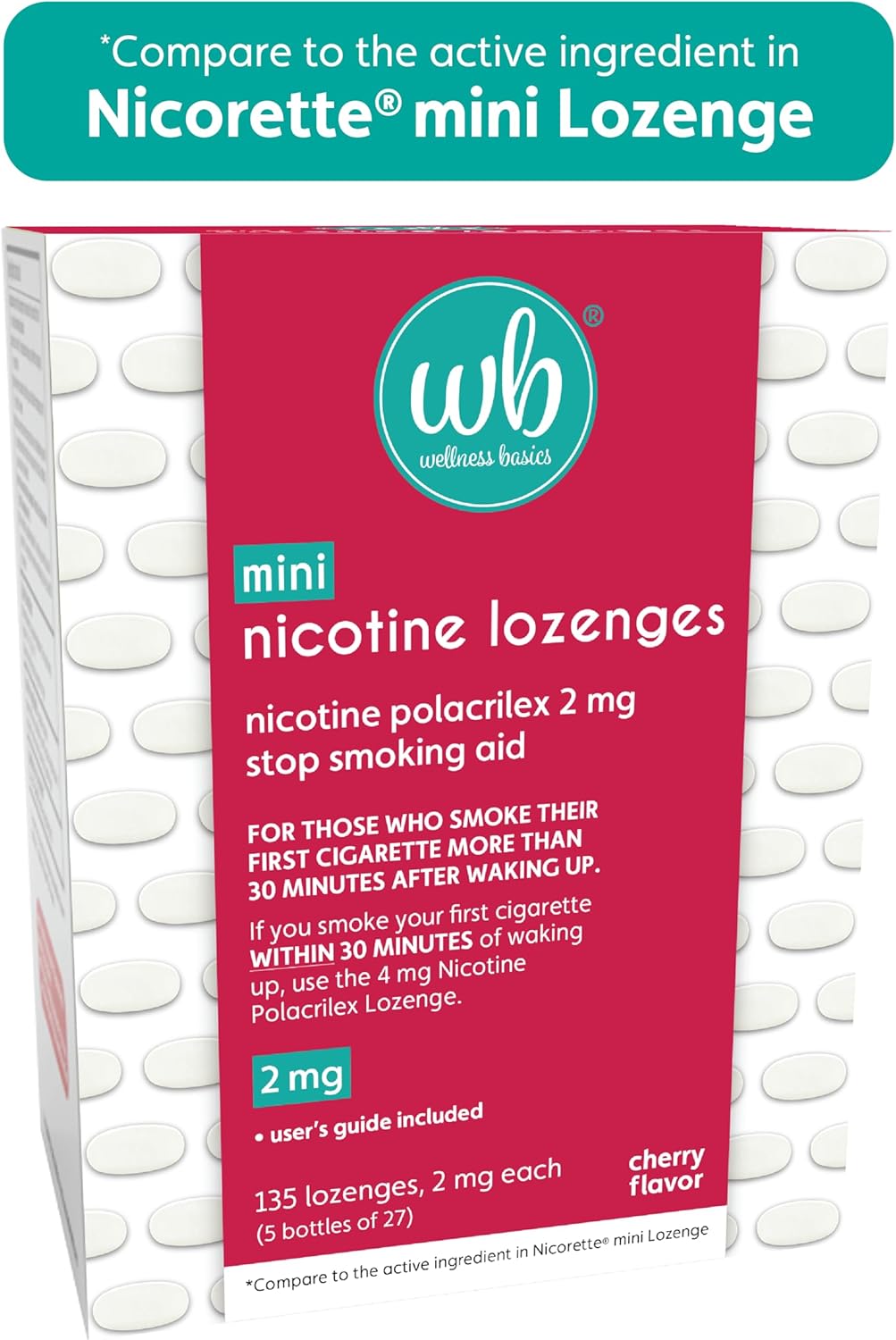Wellness Basics Mini Nicotine Lozenge 2mg | Stop Smoking Aid | Cherry Flavor | 135 Count | Pack of 5 Vials | Reduces Cravings & Withdrawal Symptoms