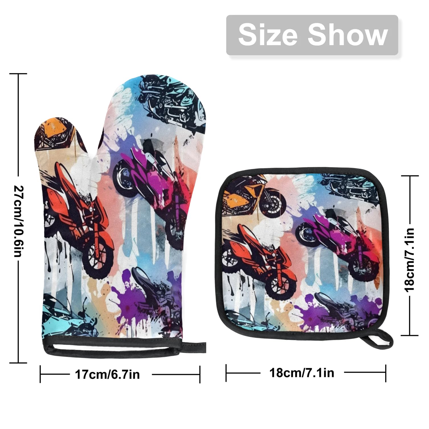 Watercolor Motorcycles Oven Mitts Kitchen Oven Gloves for Cooking Baking Heat Proof Lining Cotton Kitchen Potholder Mittens Pot Holders Hot Pads for Chef Women Men