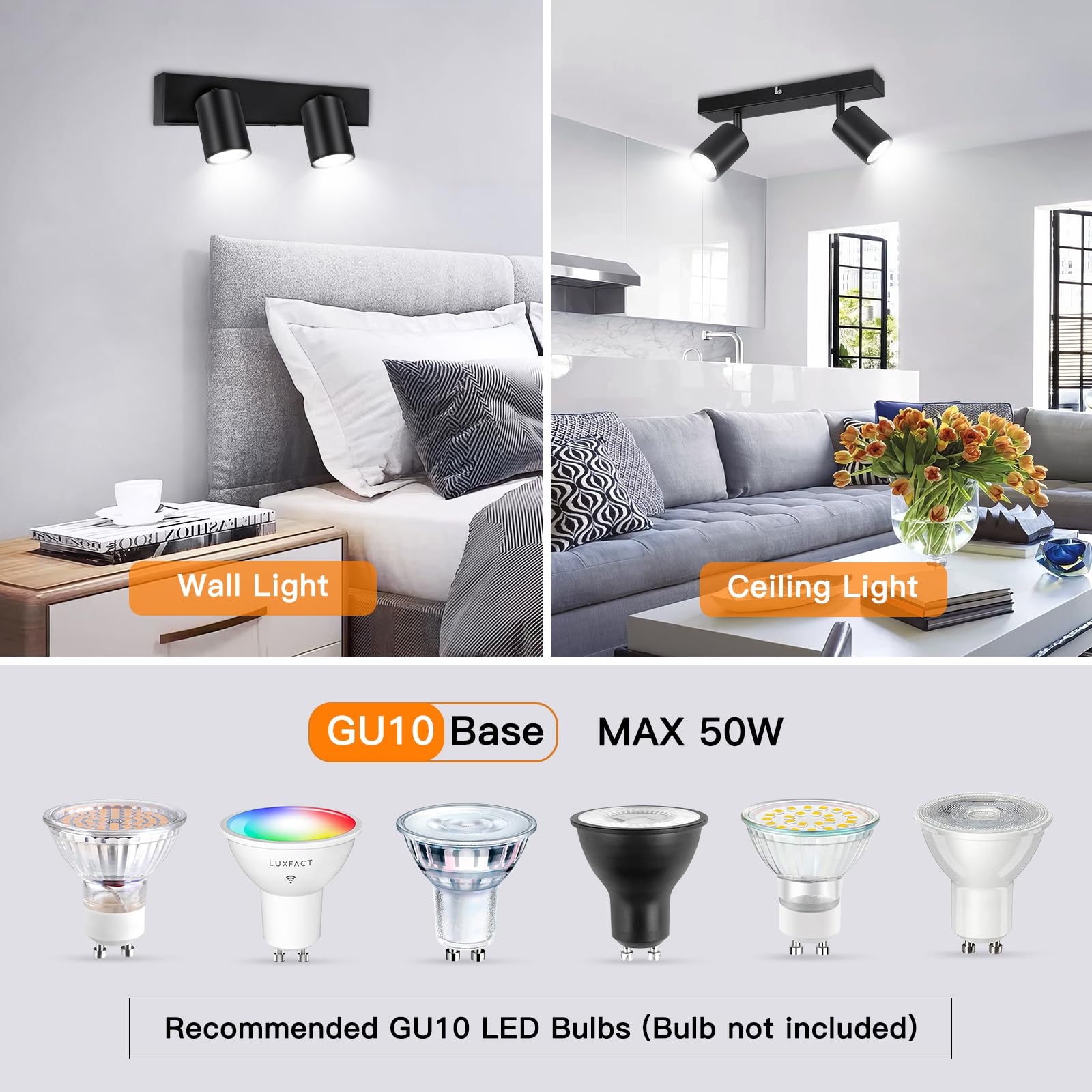 Ketom Faretti da Soffitto Orientabili Nero, GU10 Lampada Faretti LED Soffitto, Faretto da Parete Moderna, Plafoniera LED con 2 Faretti per Cucina, Cameretta, Senza Lampadina