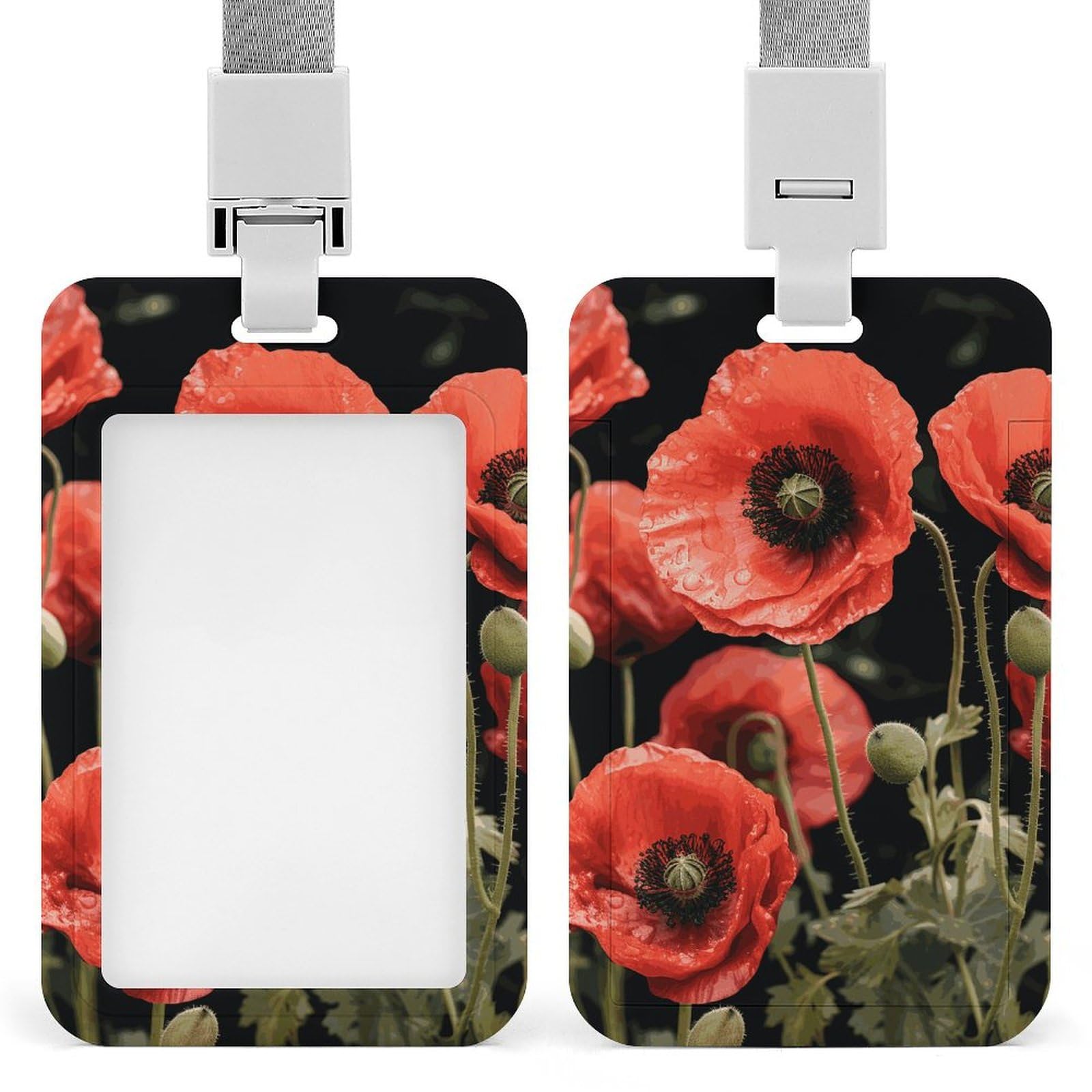 ID Card Holders for Lanyard,Red Poppy Flowers Leaves Printed Badge Holder with Clear Window,Plastic Vertical Bus Pass Holders for Work Teacher Nurse Employees Proximity Key Cards Women Men — image 1