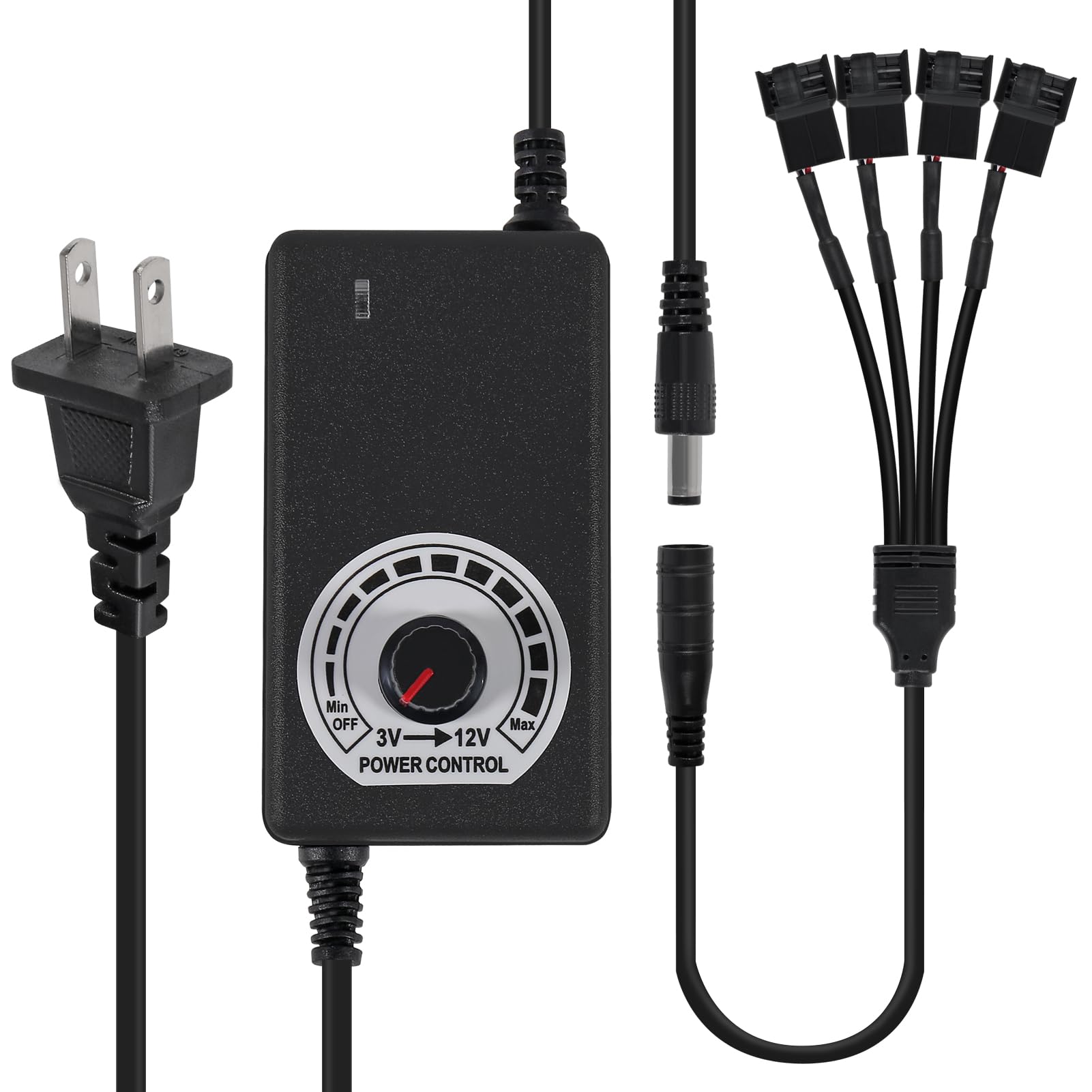 UMLIFE 12V PC Fan Speed Controller, Fan Power Supply 100-240V AC to 3-12V DC 36W Adjustable, with Fan Splitter Cable 4X 3pin or 4pin PWM Connector AC