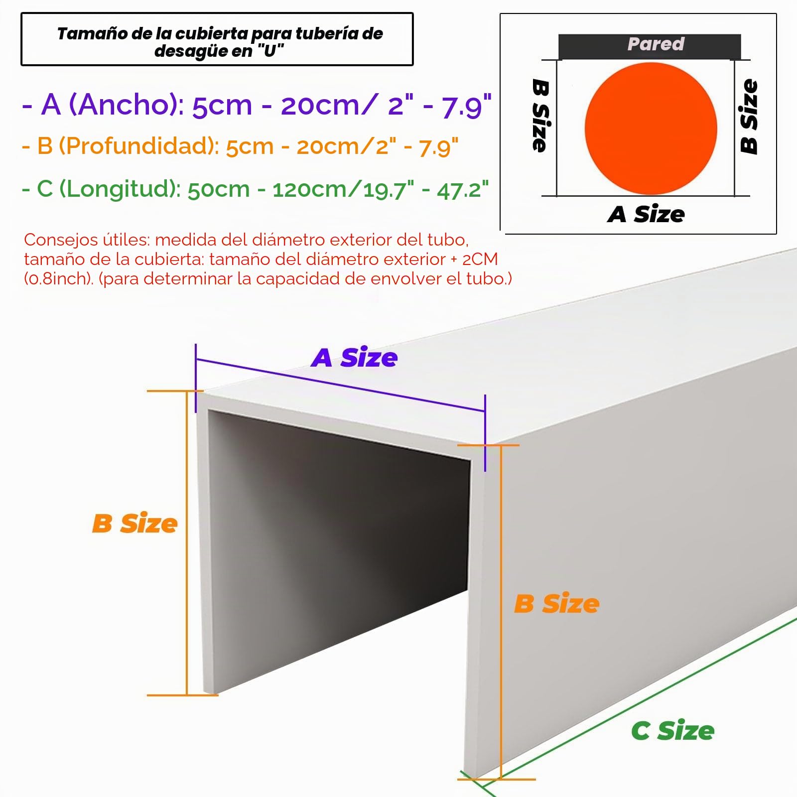 Oculta Tubos Pvc Para Pared, 50 80 100 120 CM Largo Cubre Tuberías De Agua/ Cubre Tuberías Bajo Fregadero/ Ocultación De Tuberías De Cocina Y Baño Escudo , Canaletas Para Cajas(L W D 50x8x8cm/19.7x3.1