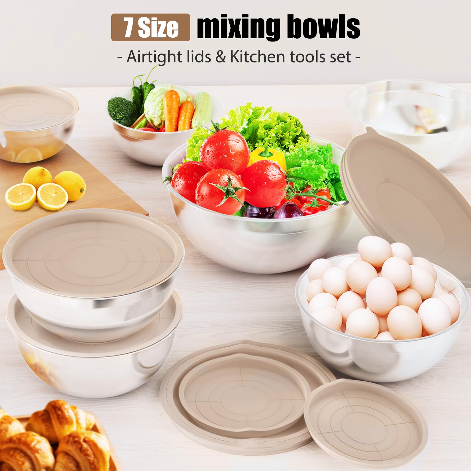 ENVTEK 7-teiliges Rührschüssel-Set aus Edelstahl mit Deckel und 3 Reibeaufsätzen - Größe 4,5, 4, 3,5, 2,1, 1,5, 1,1, 0,7QT, Küchenhelfer-Set zum Kochen, Backen und Servieren, Khaki