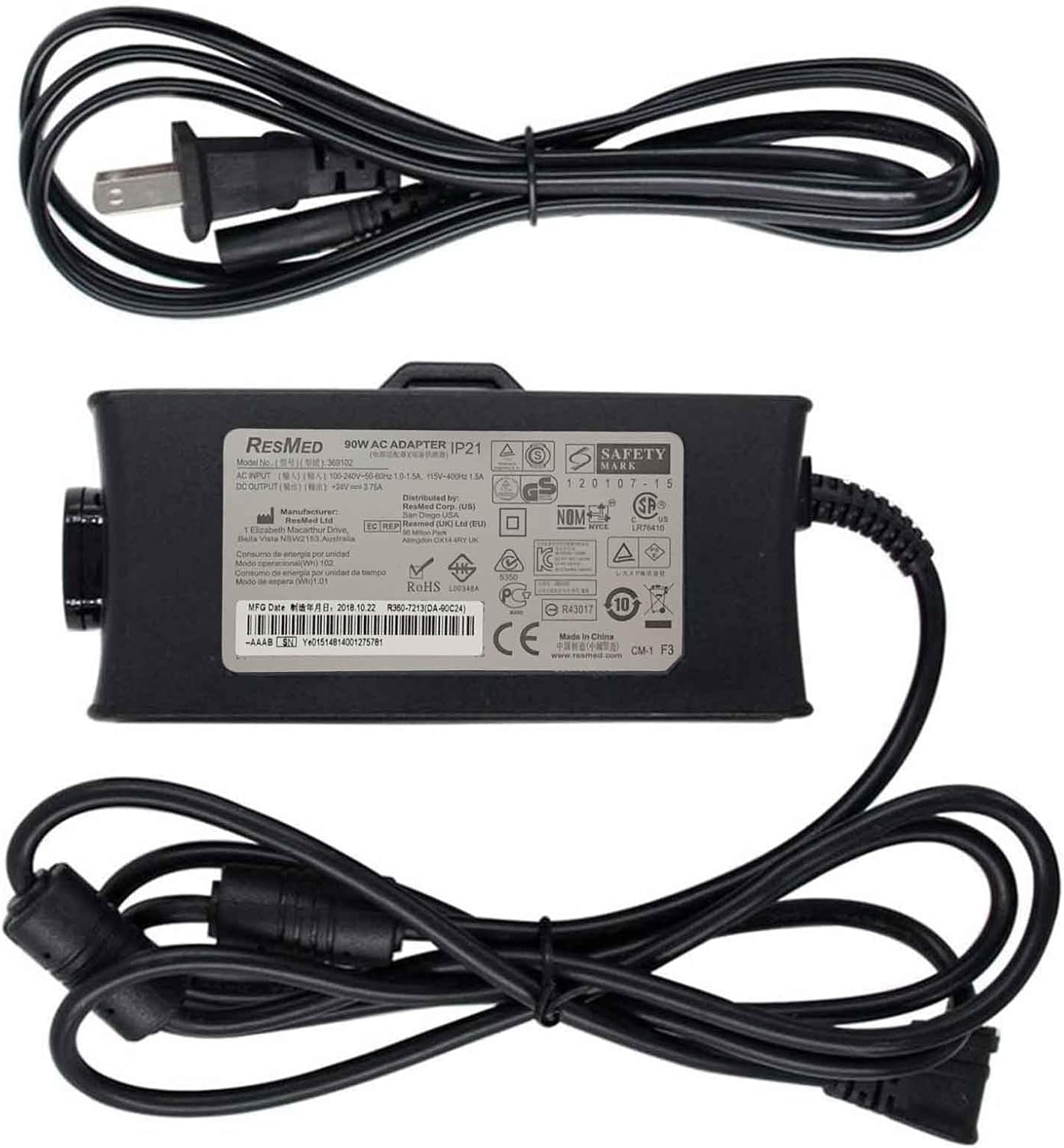 AC DC Adapter 24V 3.75A 90W Compatible with ResMed S9 Series Model 369102 IP21 DA90C24 R360-7213 CPAP Machine IP-21 DA-90C24 R3607213 Supply