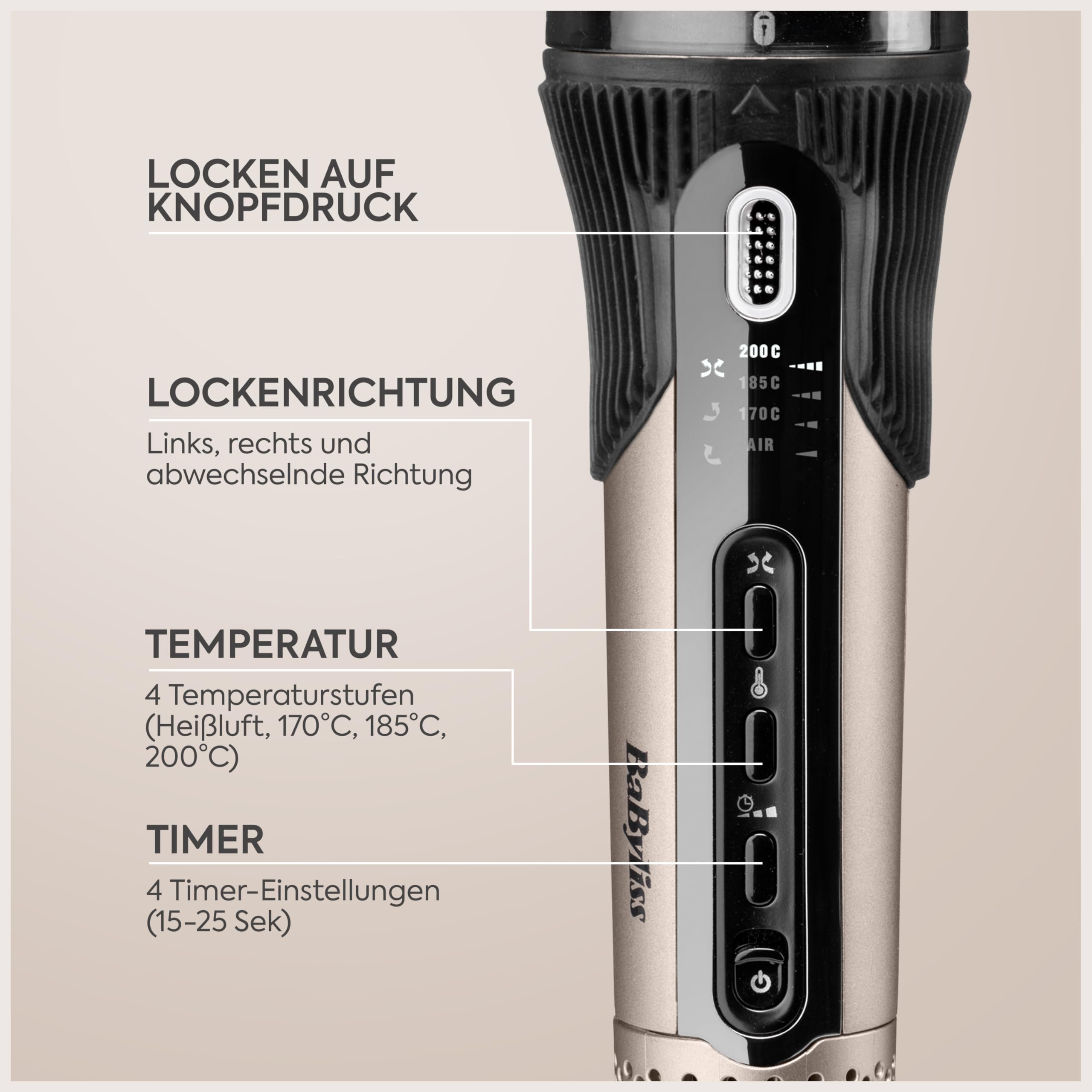 BaByliss Style Secret Air Automatisch Lockenstab – 25mm mit sanfter Wärme & Luftstrom, 48 Styling‑Kombinationen für definierte Locken, Beach Waves oder Föhn‑Look, für kurzes & langes Haar, C6686E