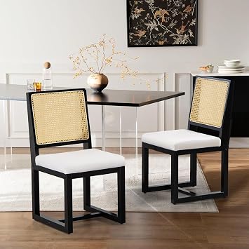 Rattan Dining Chairs Set of 2, Farmhouse Kitchen & Dining Room Chairs with Boho Cane Back & Hardwood Frame in Black, Modern Accent Side Chair for Living Room Bedroom, Beige Linen Upholstered