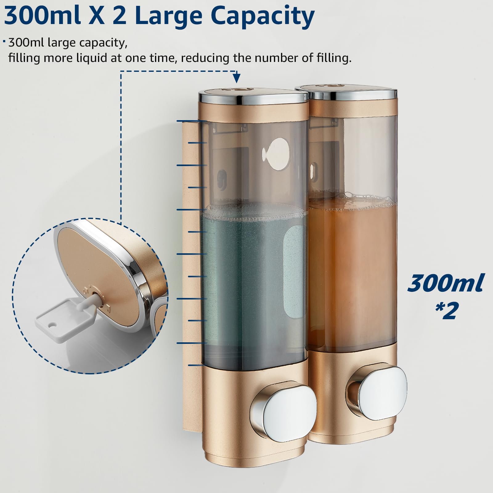 Modunful Shower Dispenser - 2 Chamber No Drill Wall Mounted Dispenser for Shampoo Conditioner, Body Wash - Gold - Image 3