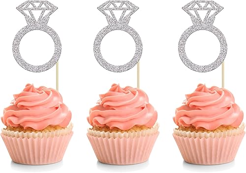 Miniatura 8 de 24 piezas de anillo de dona de diamante con purpurina de oro rosa para decoración de cupcakes, decoración de pasteles de compromiso, despedida de