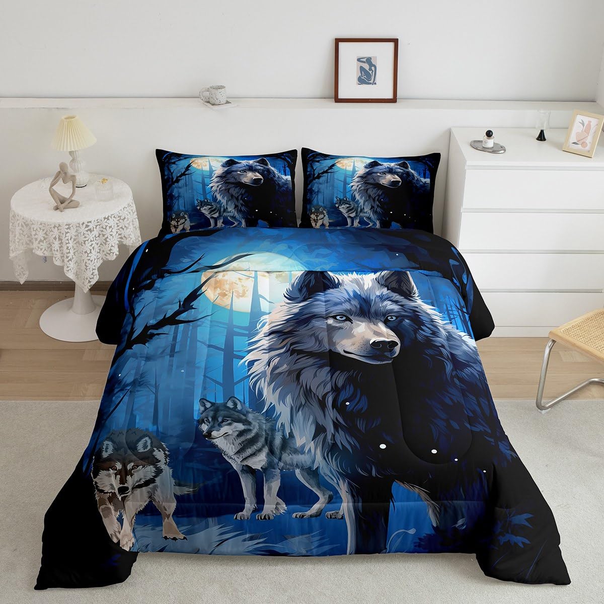 Feelyou Wolf Bedding Set for Kids Boys Girls 3D Print Wolf Comforter Queen Size Moon Wolf Comforter Set Bedroom Decor Wolves Howling Blue Quilt Set