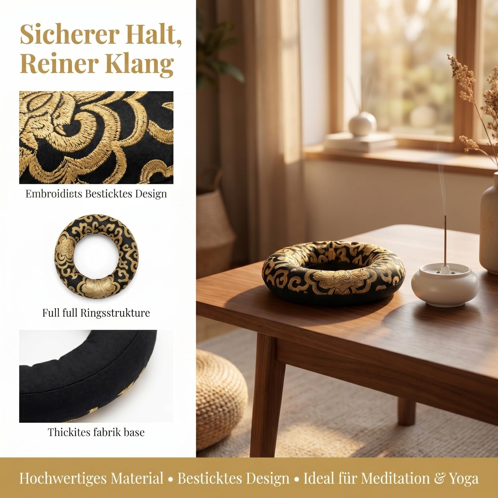 ibasenice 3er Klangschalenkissen Schwarz, Handbesticktes Filz Kissen | Klangschale 8-15 cm, Rutschfester Halt & Anti-Kratz Unterlage für Meditation Yoga, Stabiler Schutz vor Vibrationen