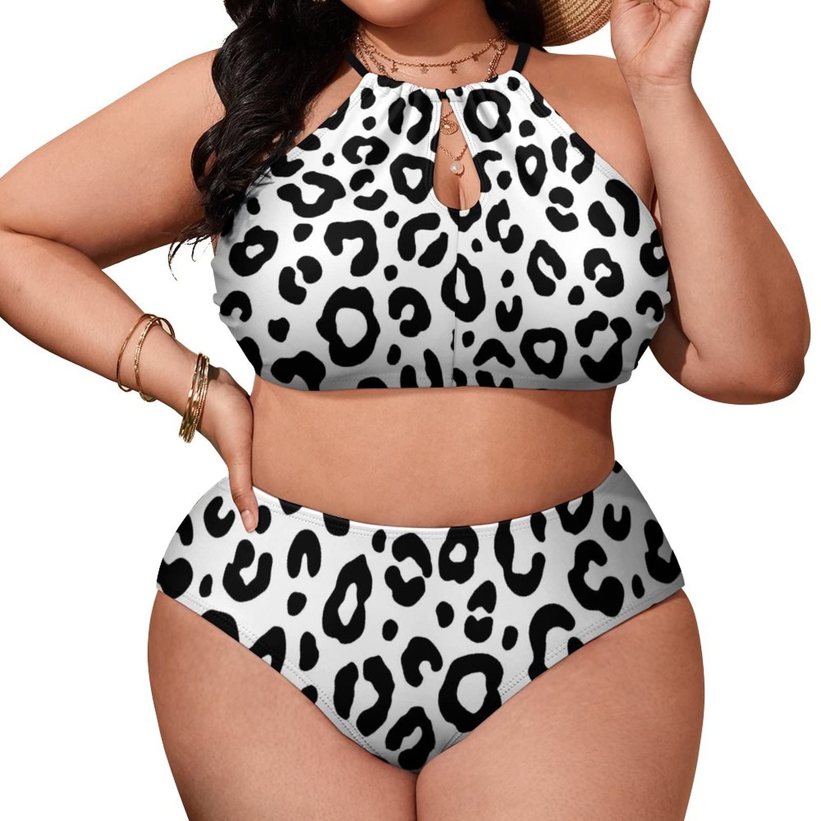 SEPTYK Animal Leopard Print Women Sexy Bikini 2 PC Plus Size Swimsuits Hollow Out High Neck Bathing Suit XL