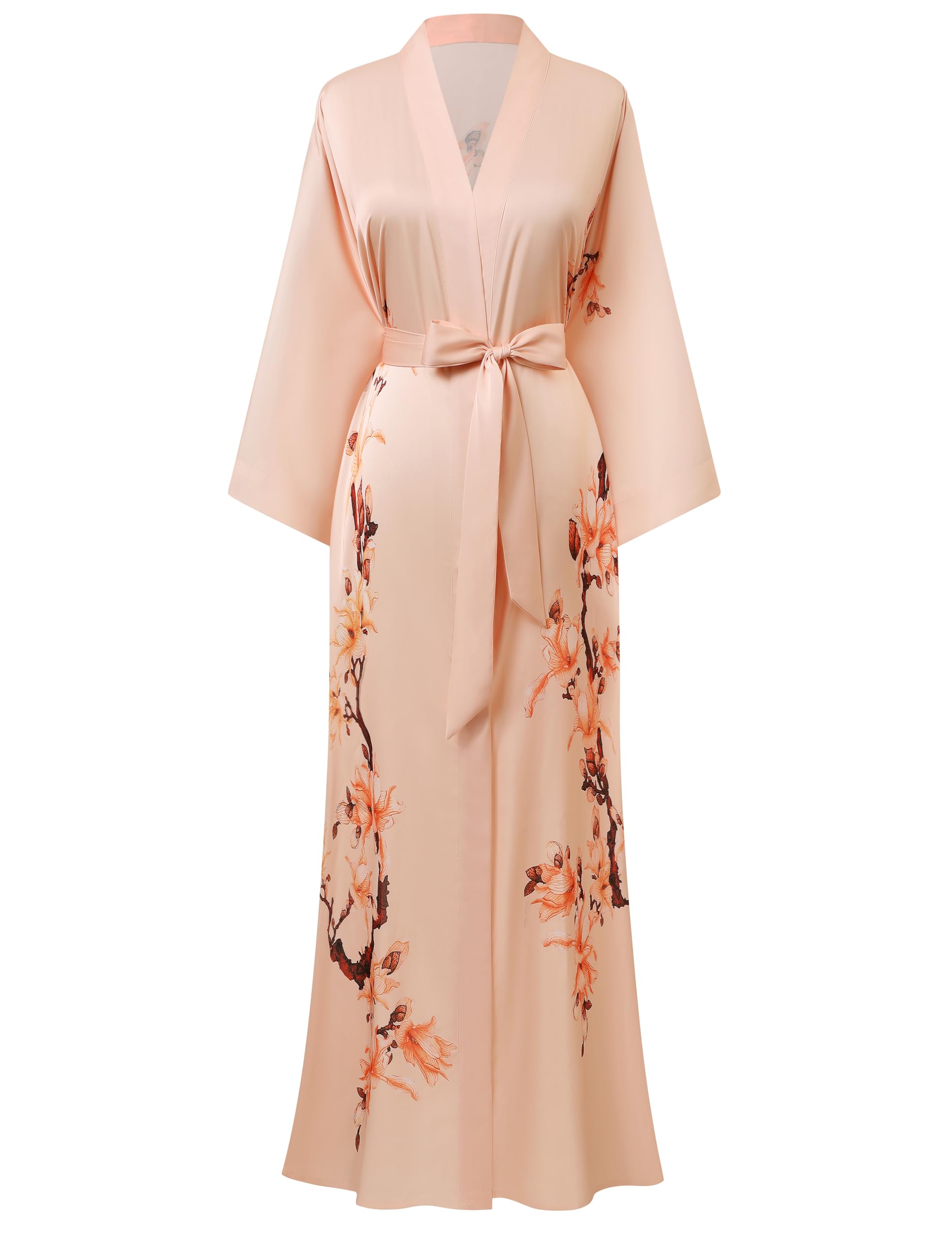 BABEYOND Kimono Robe Cover up Long Floral Satin Sleepwear Silky Bathrobe Bachelorette Robe, Champagne, One Size
