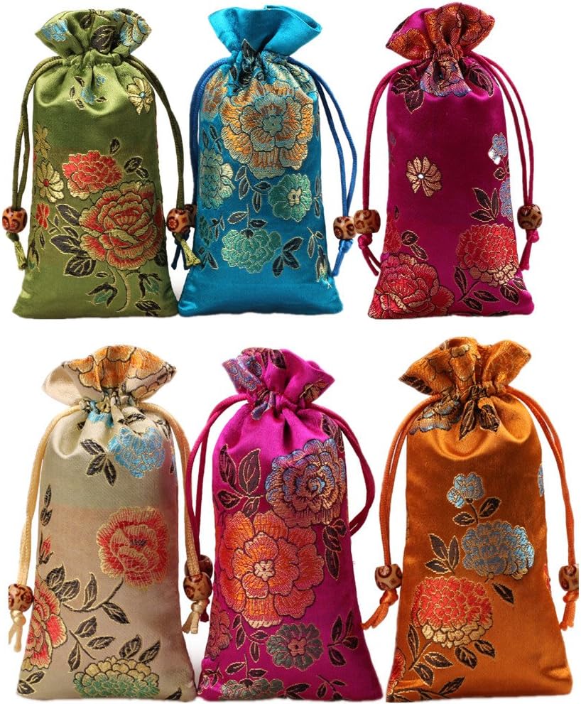 Startdy Silk brocade Double layer Drawstring Pouch Candy Sachet wallet Jewelry bag W3"H6" (6pcs )