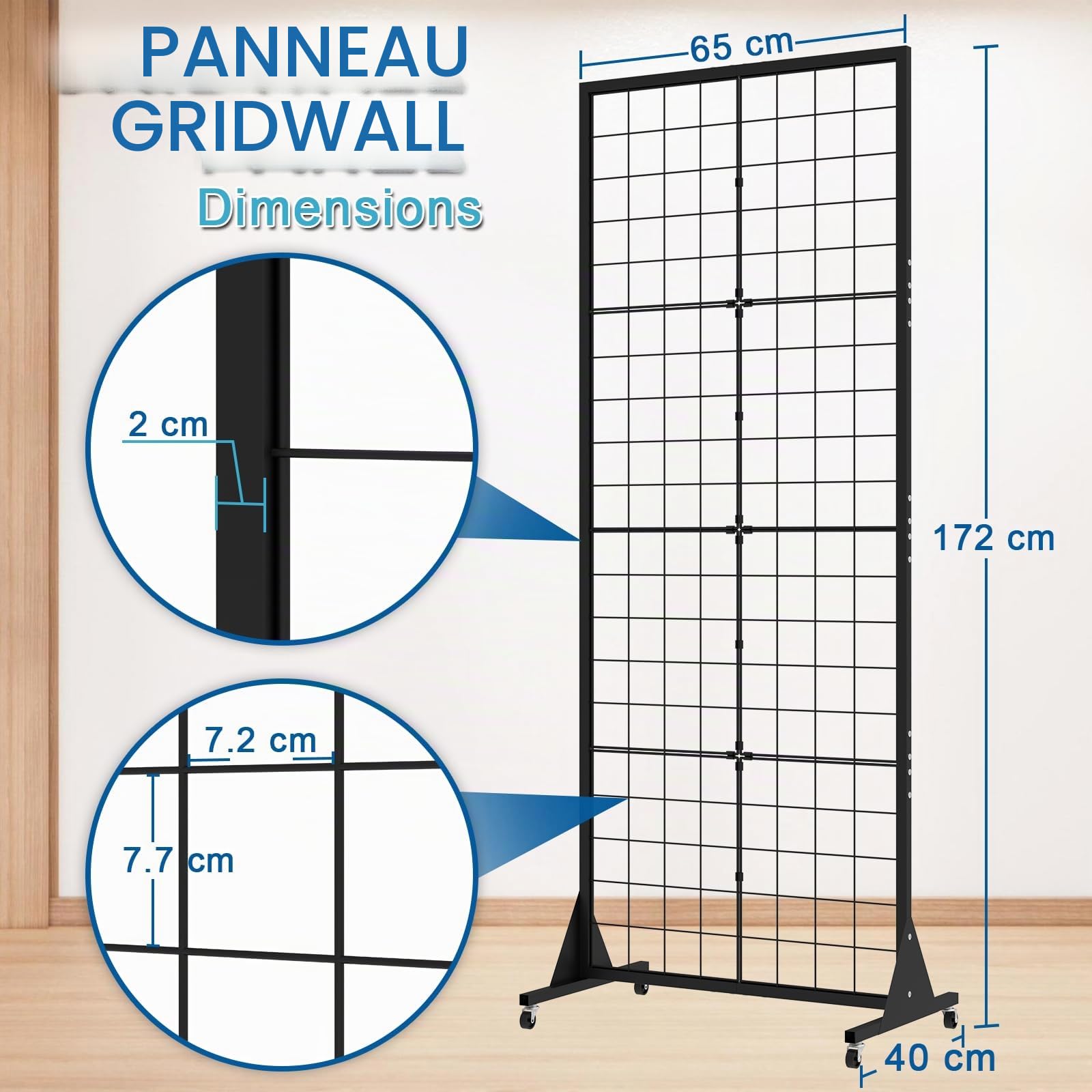 Grille d’Exposition sur Pied 65x172 cm – Présentoir Grille Métallique avec Roulettes, Panneau Grille Amovible avec Crochets pour Magasins, Marchés et Salons Artisanaux