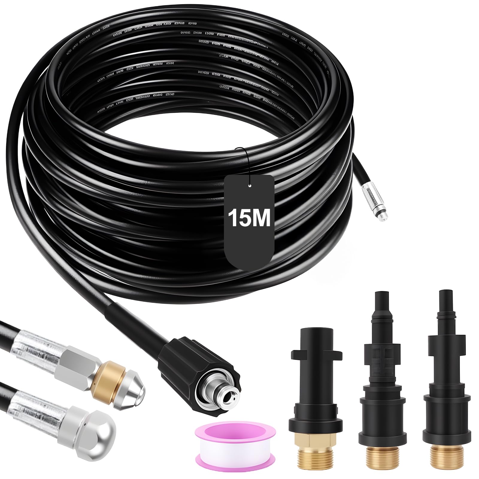 Universal Rohrreinigungsschlauch Set 15 m manguera de repuesto | compatible con Karcher K2 K3 K4 K5 K6 K7, para Lavor para Bosch para Parkside, incluye 3 adaptadores, 2 boquillas y 1 cinta