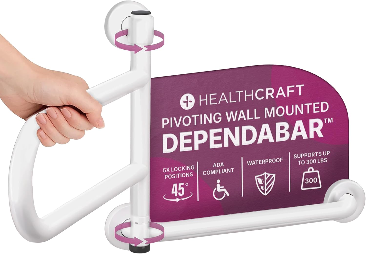 HEALTHCRAFT DependaBar (2025 Model), Pivoting Wall-Mounted Grab Bar for Bathroom Safety, 5 Locking Positions, ADA Compliant with 300 lb Capacity, Rust-Resistant Stainless Steel #304 (White)