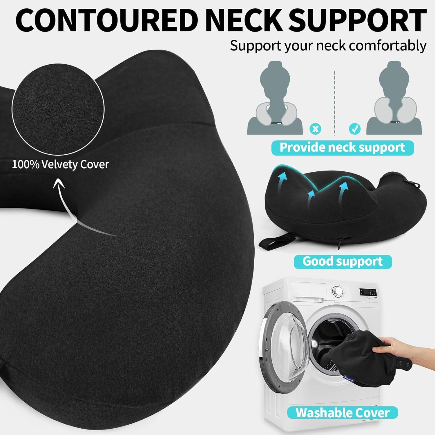 Inflatable Travel Neck Pillow for Airplane, Head Support Velvet Adult Neck Pillow for Long Flight, Kit with Eye Mask, Earplugs and Storage Bag,1, Black - Image 4
