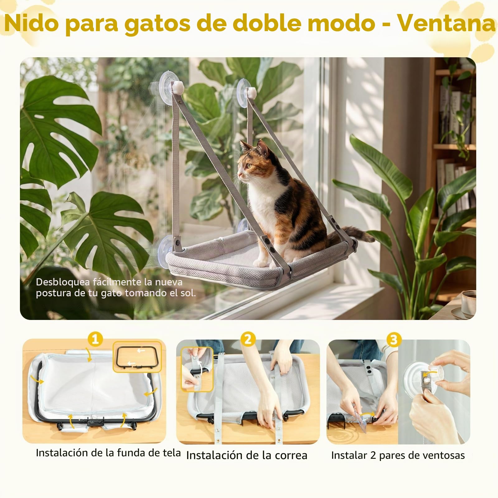 CATISM 2 en 1 Escritorio para Gatos & Plegable Hamaca GatoVentana de hasta 18kg, Lavable Cama para Gatos con Ventosa Fuerte para Oficina en casa