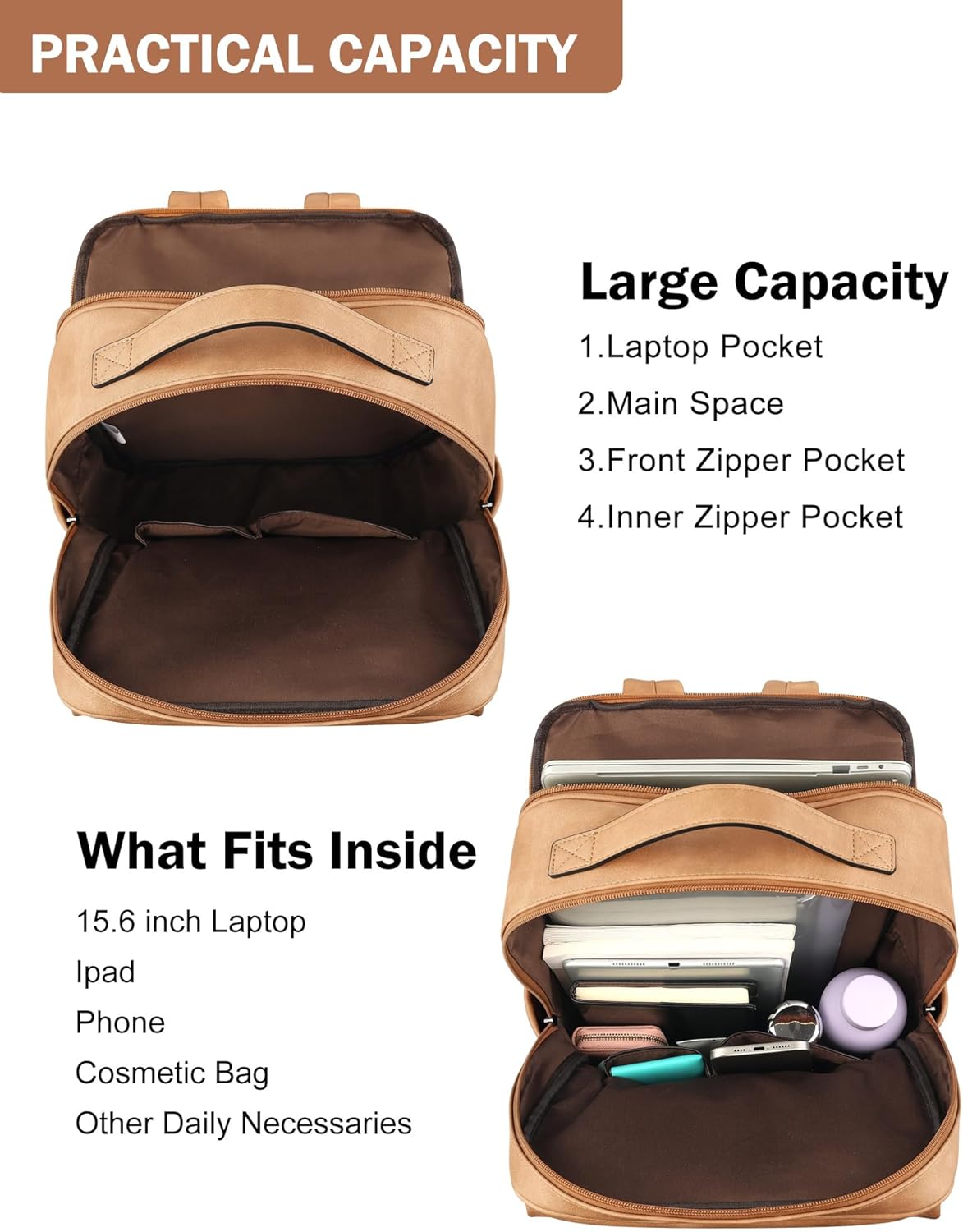 MASINTOR 15.6 inch PU Leather Laptop Backpack Purse for Women, Large College Casual Backpack Travel Bag Retro Camel - Image 3