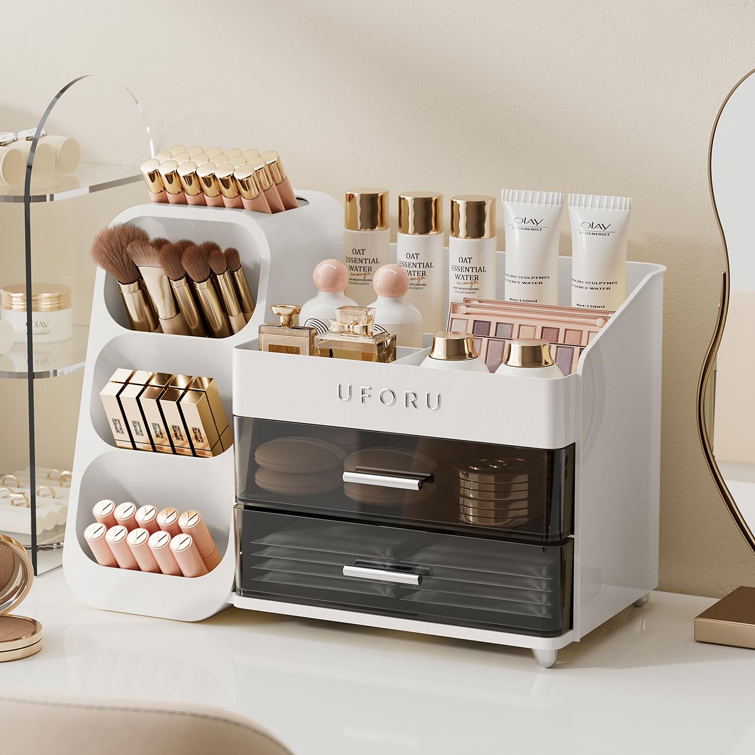 UFORU Makeup Organizer for Vanity, Countertop Organizer With Drawers, Spacious Cosmetic Display Case for Beauty Essential, Skincare, Lipstick, White