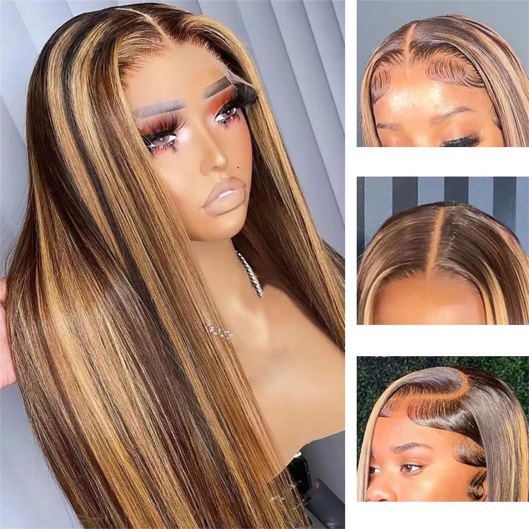 Womens Honey-Blonde Highlight Straight Lace Front Human Hair Wig 30 Inch HD Lace 13x6 Pre Plucked wigs