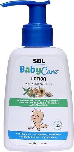 SBL BabyCare Lotion with Almond Oil, Olive Oil, Wheat Germ Oil, Neem Oil, Sunflower Oil, Sesame Oil, Aloe Vera, Tulsi, 100...