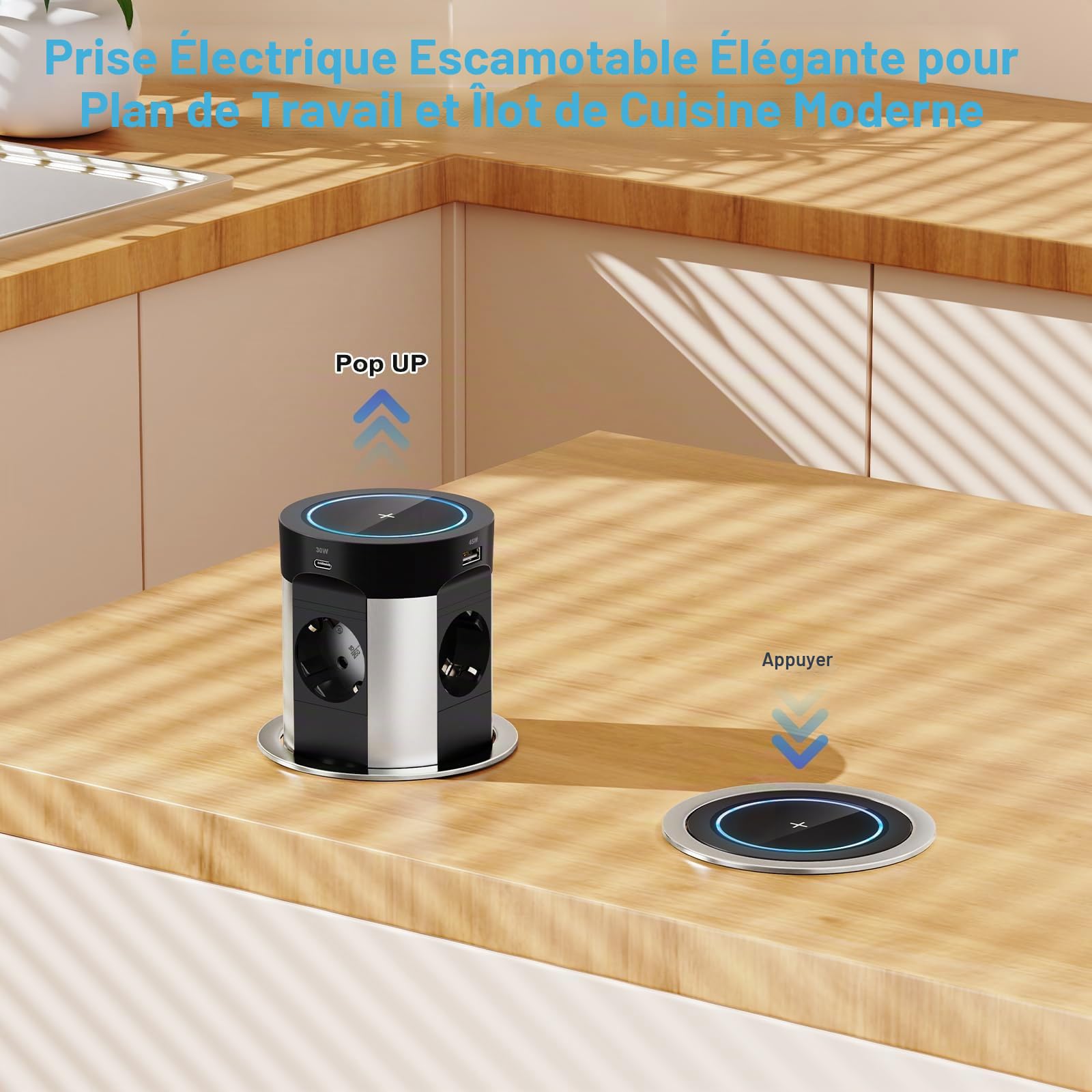 Prise escamotable Plan de Travail avec 2 USB-C 75 W Total, Qi 15 W, Ø100 mm | Multiprise encastrable à pression, 4 prises secteur, 2 USB-A 45W+30W, câble 1,8 m, cuisine et îlot central, noir