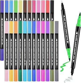 24Color Dual-Tip Art Markers Set, Fine & Brush Tips for Adult Coloring Books, Watercolor & Drawing Pens, Artist Marker Pens for Illustration, Sketching, Journal