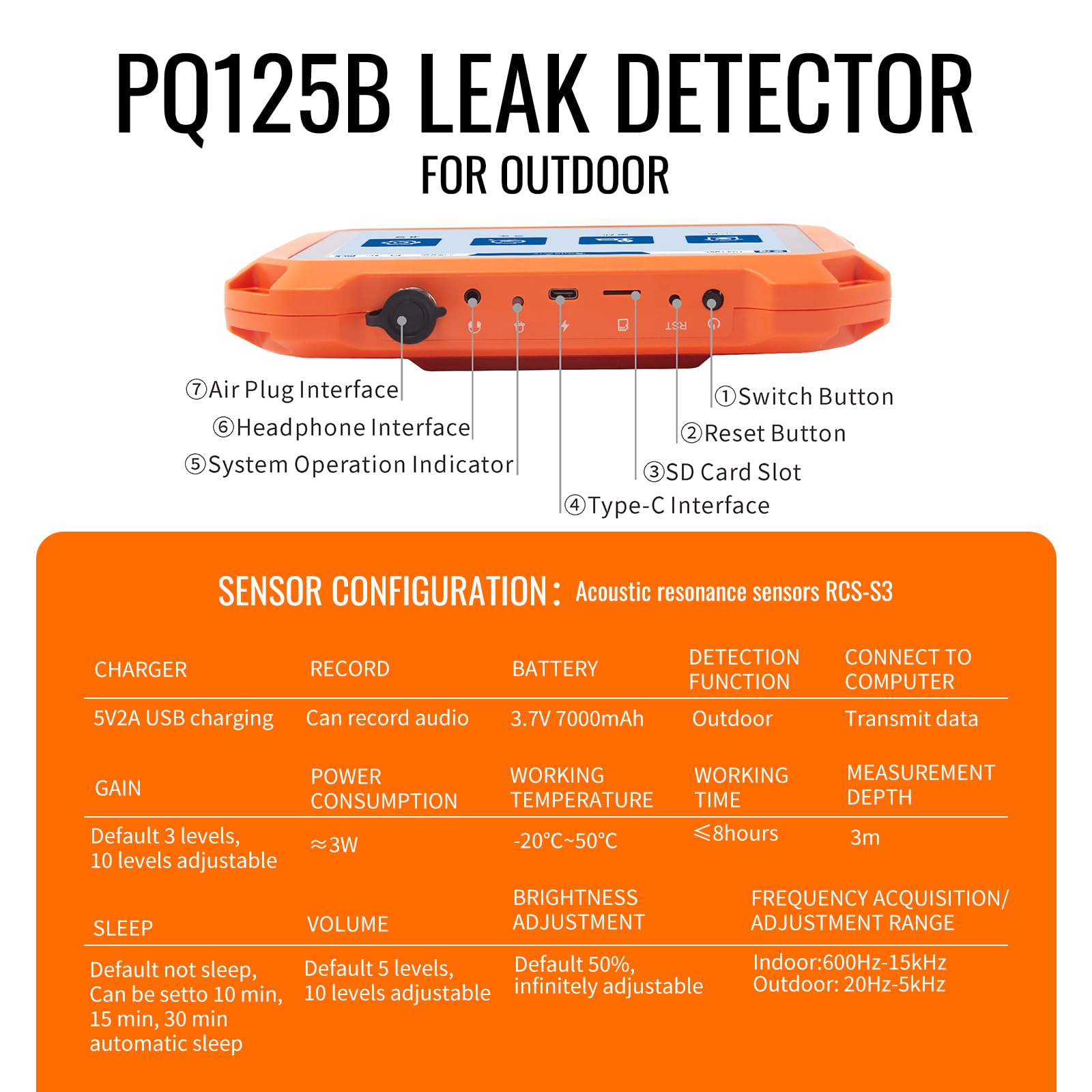 Detectores de fugas de agua subterráneos PQ125B para exteriores, detección de fugas de agua con pantalla táctil y sensor de funda de transporte, intensificador de sonido de tubería acústica