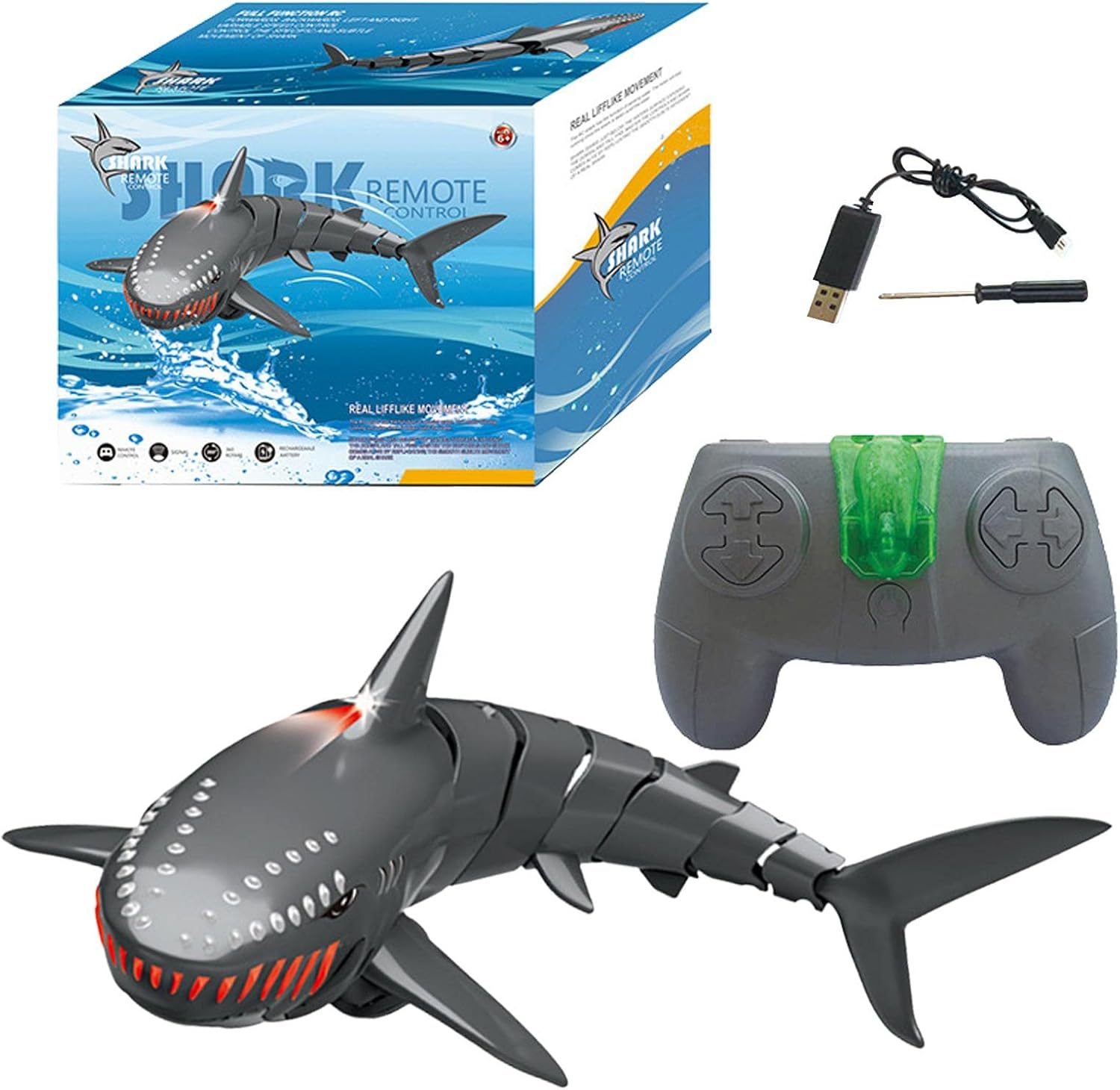 Requin RC Plongée Lumière Requin Télécommandé XPJBKC - 2,4 GHz - Bateau Jouet - Plongée - Piscine - Enfant 6+ Bateau Télécommandé