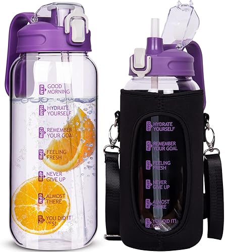 Miniatura 8 de Botella de agua de vidrio motivacional de 64 onzas con popote y marcador de tiempo, jarra de agua grande reutilizable de medio galón, botella de