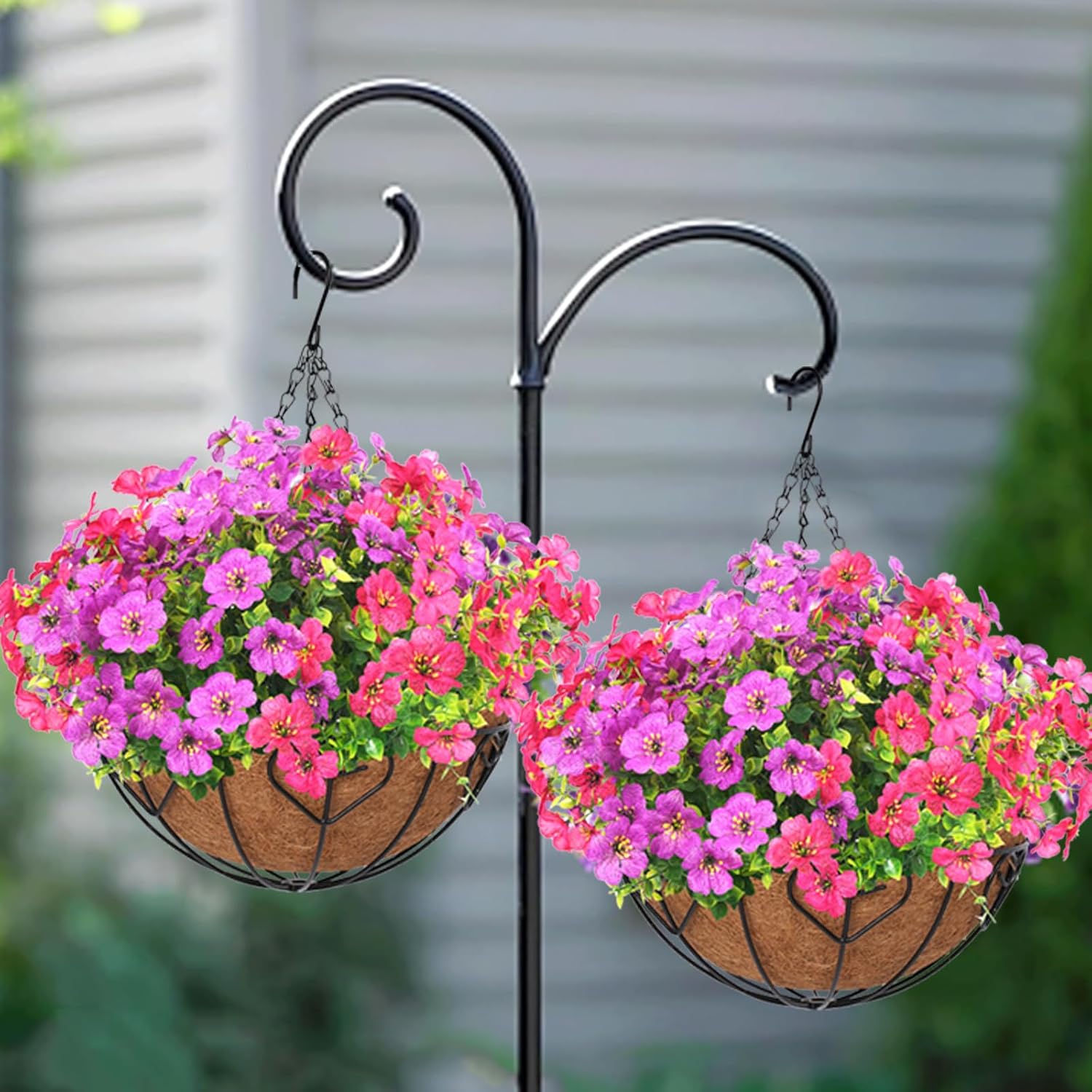Artificial Hanging Flowers for Outdoors Summer Decoration,12 Bundles Colorful Faux Silk Plants with Basket UV Sun Resistant for Outside Garden Home Patio Porch(Purple Pink)