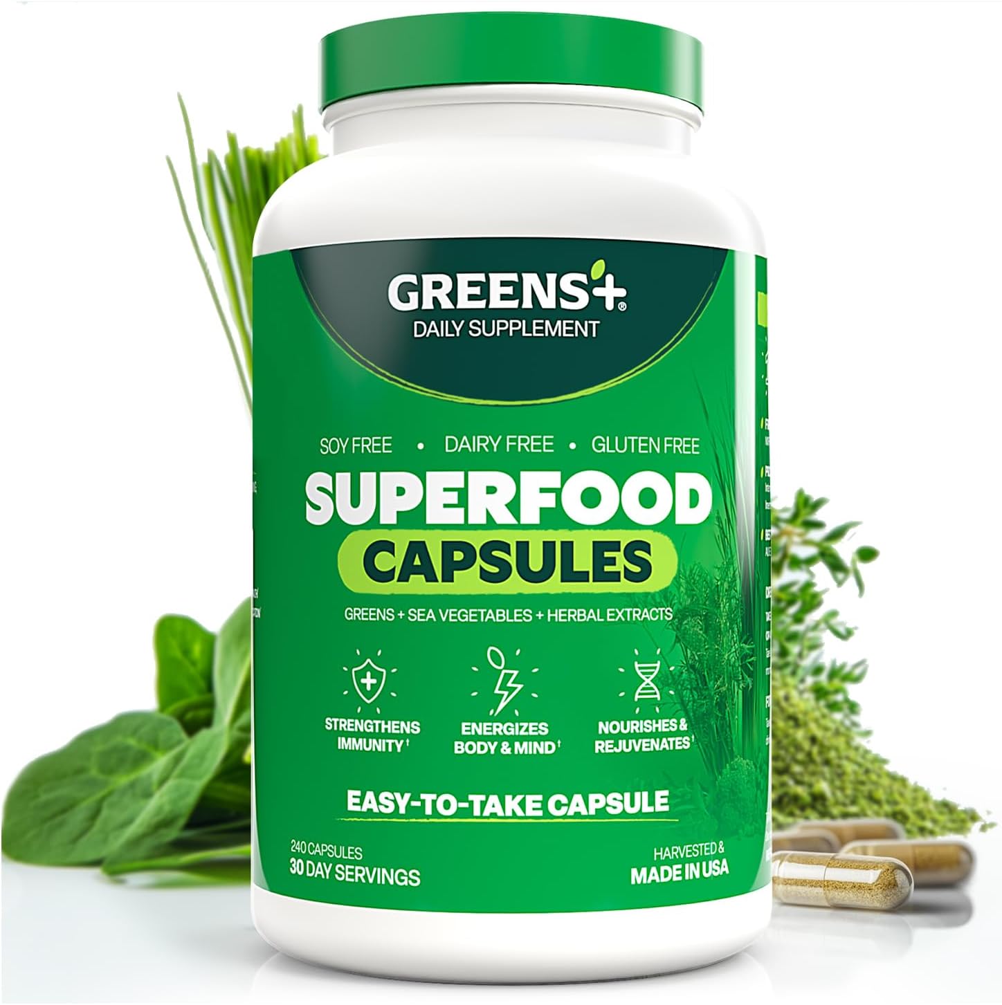 Greens+ Organic Superfood Capsules, Organic Spirulina and Chlorella, with Alfalfa & Wheat Grass, Vitamins & Minerals Supplements, Gluten-Free, Vegan, Non-GMO, 240 Count
