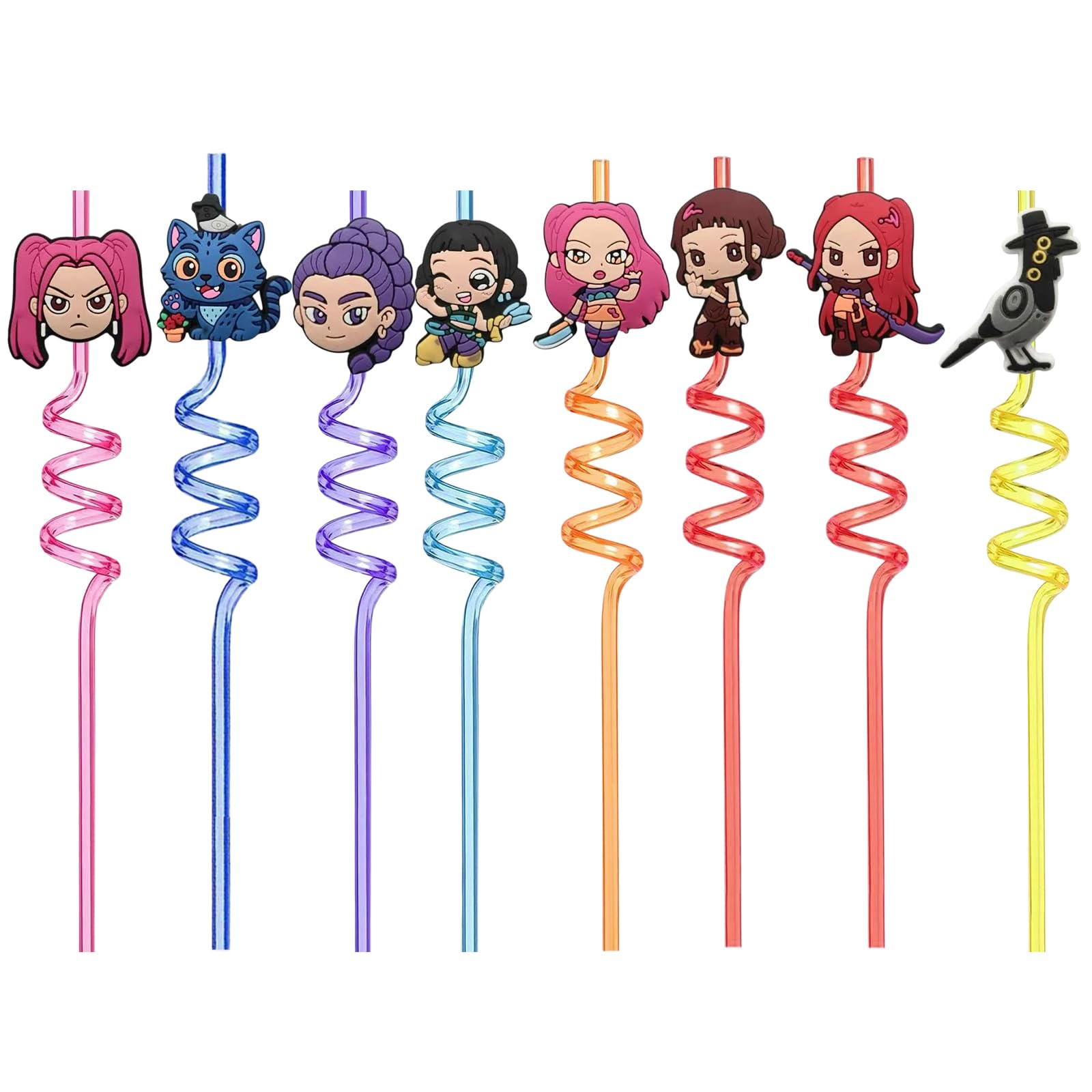 8PCS Colourful Kpop Straws, Reusable Curly Straws with Spiral Design, Flexible Bendable Demon Straw for Kids Drinks & Party Cups, Kawaii Straw for Smoothies and Cocktails