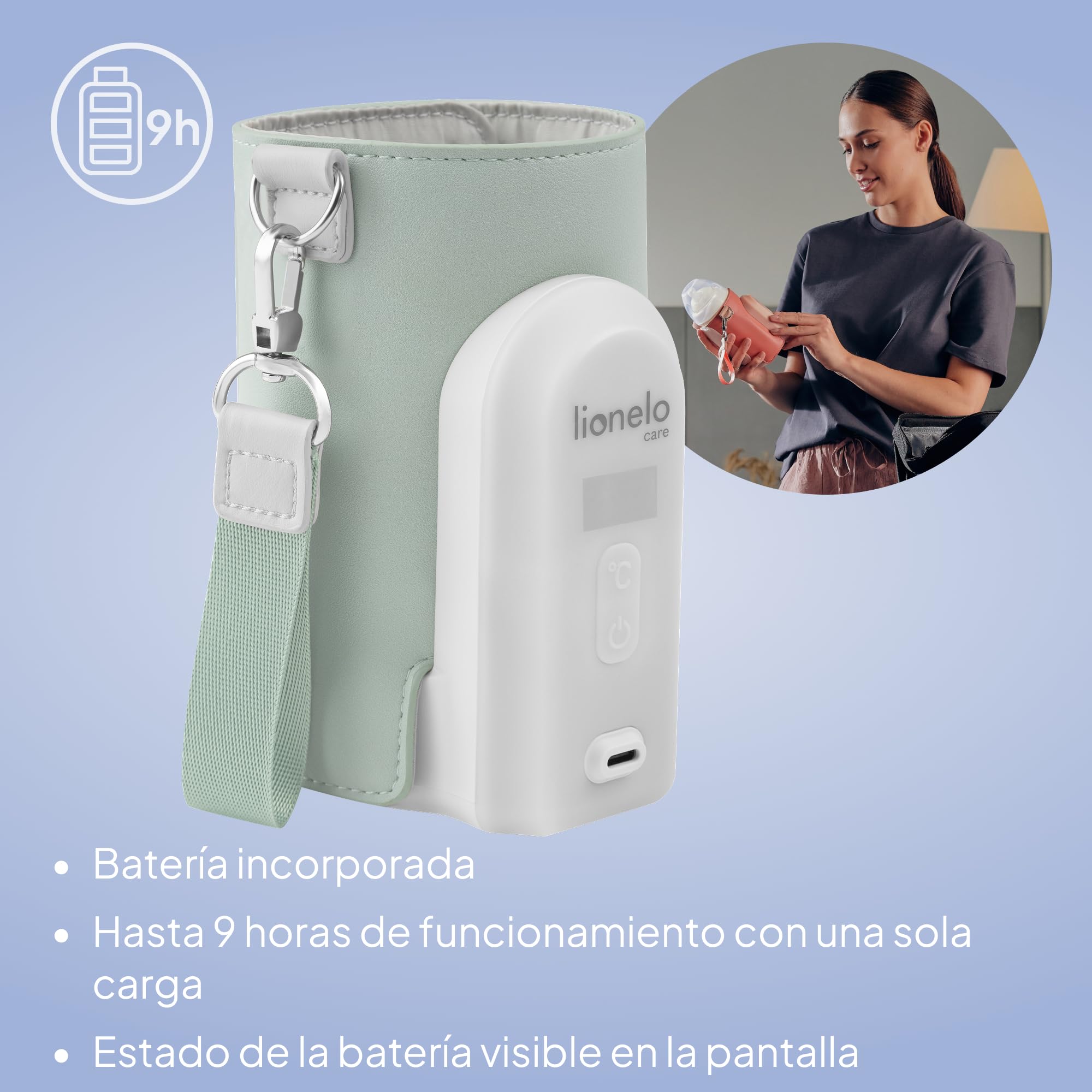 LIONELO Thermup Go Evo Calientabiberones Portátil Para Bebé, Mantiene los Líquidos Calientes, 5 Temperaturas de Funcionamiento de 38 a 50 oC, hasta 9 horas de Funcionamiento Pantalla LCD (Green) | Rango de 38 a 50 °C, pantalla LCD y hasta 9 horas de funci