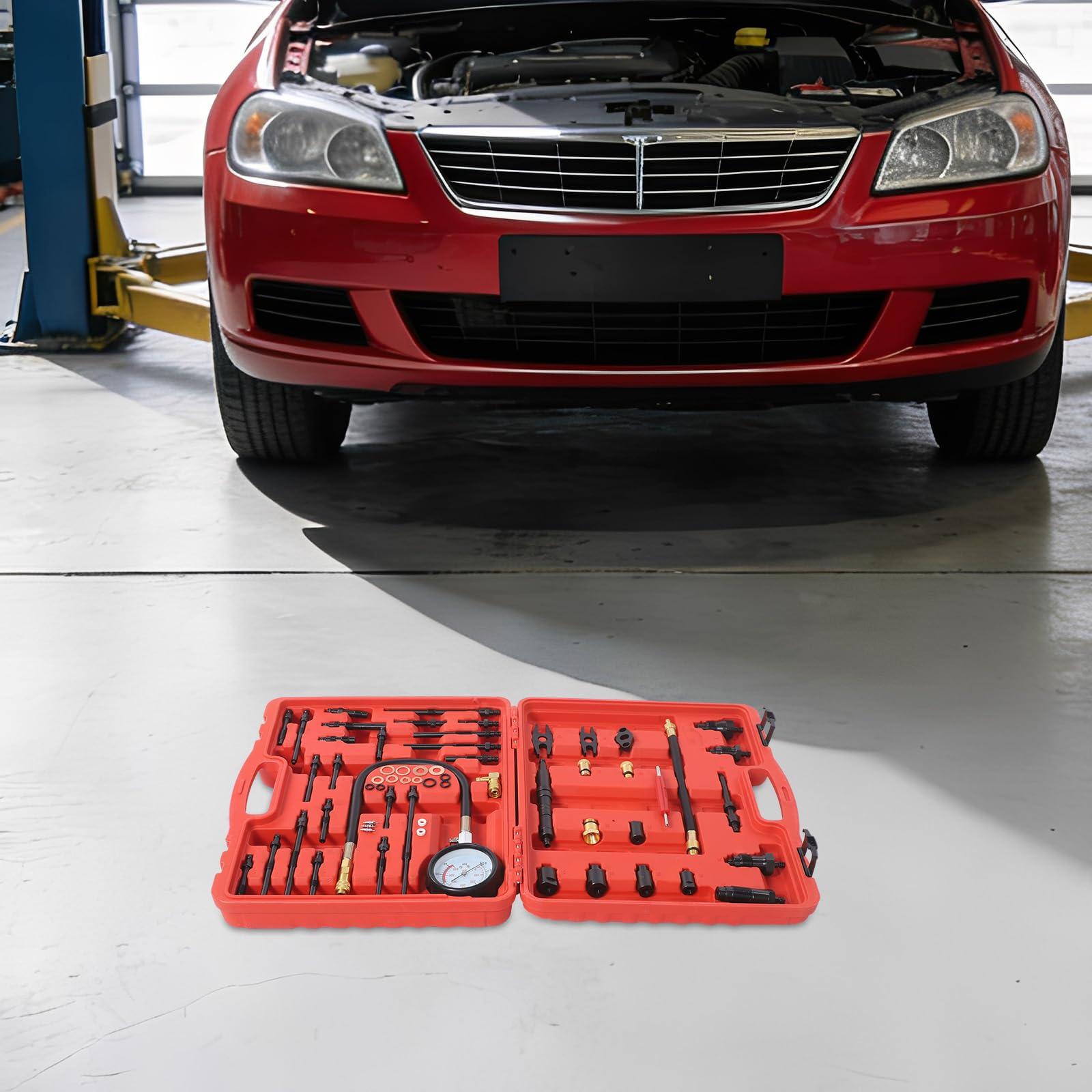Juego de comprobación de compresión de 40 bares para motores de gasolina y diésel, juego de herramientas de prueba de compresión para coches y motocicletas (45 x 35 x 5 cm)