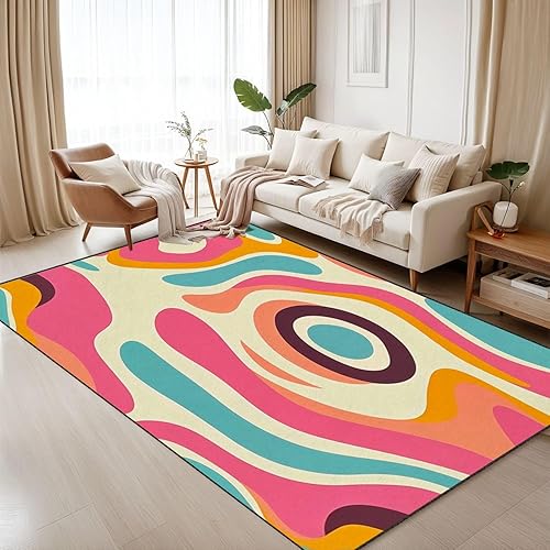 Alfombras bohemias de 6 x 9 pies, estilo retro, psicodélico, psicodélico, ondulado, estilo de los años setenta, abstracto, lavable, alfombra de pelo