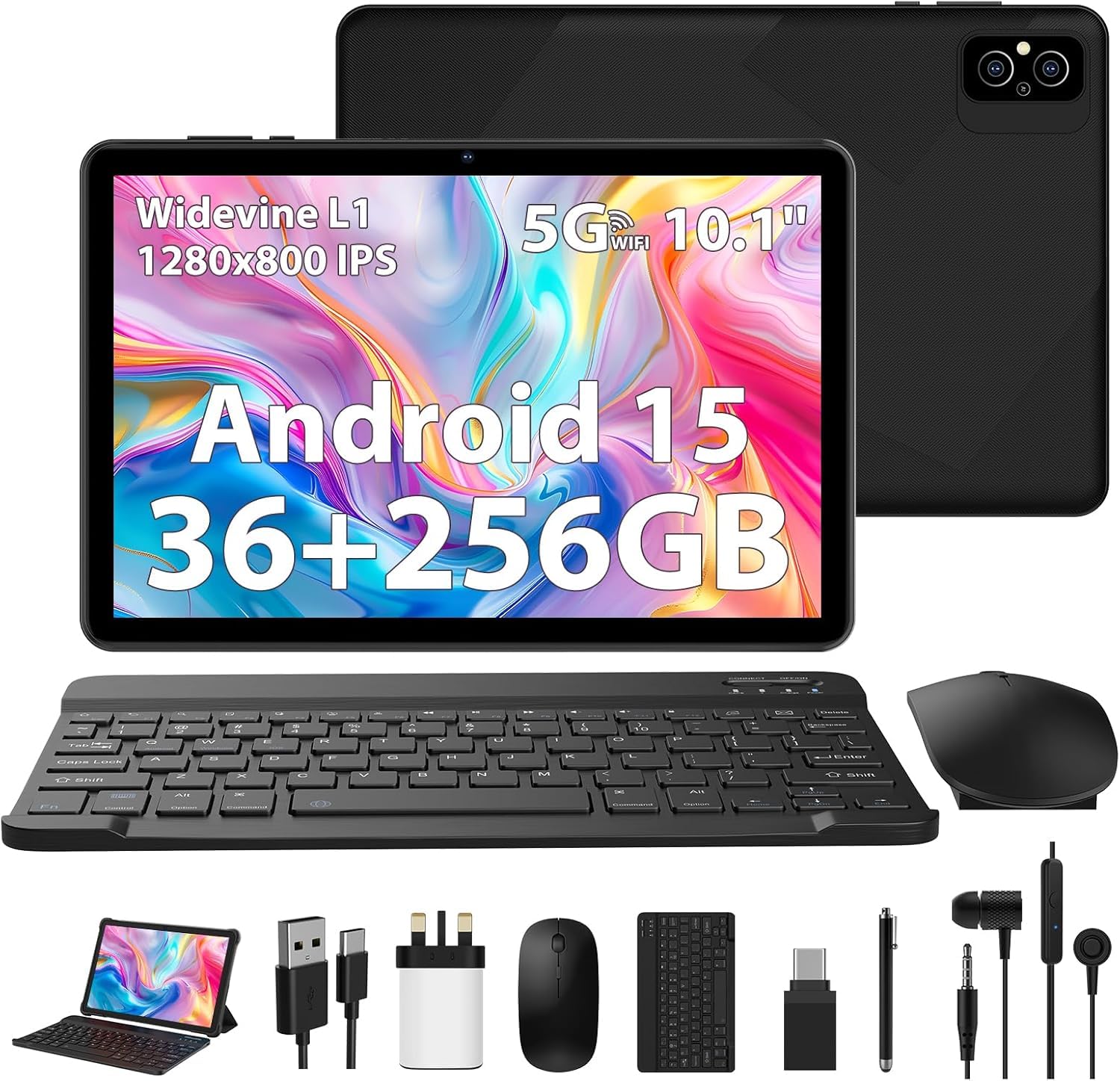 Android 15 Tablette 10 Pouces avec 36Go+256Go(1To TF), Octa-Core, WiFi 6 / BT 5.0 / 8000mAh / 8MP+5MP / Widevine L1 / WPS/FM, Tablette Tactile avec Clavier et Souris, Noir
