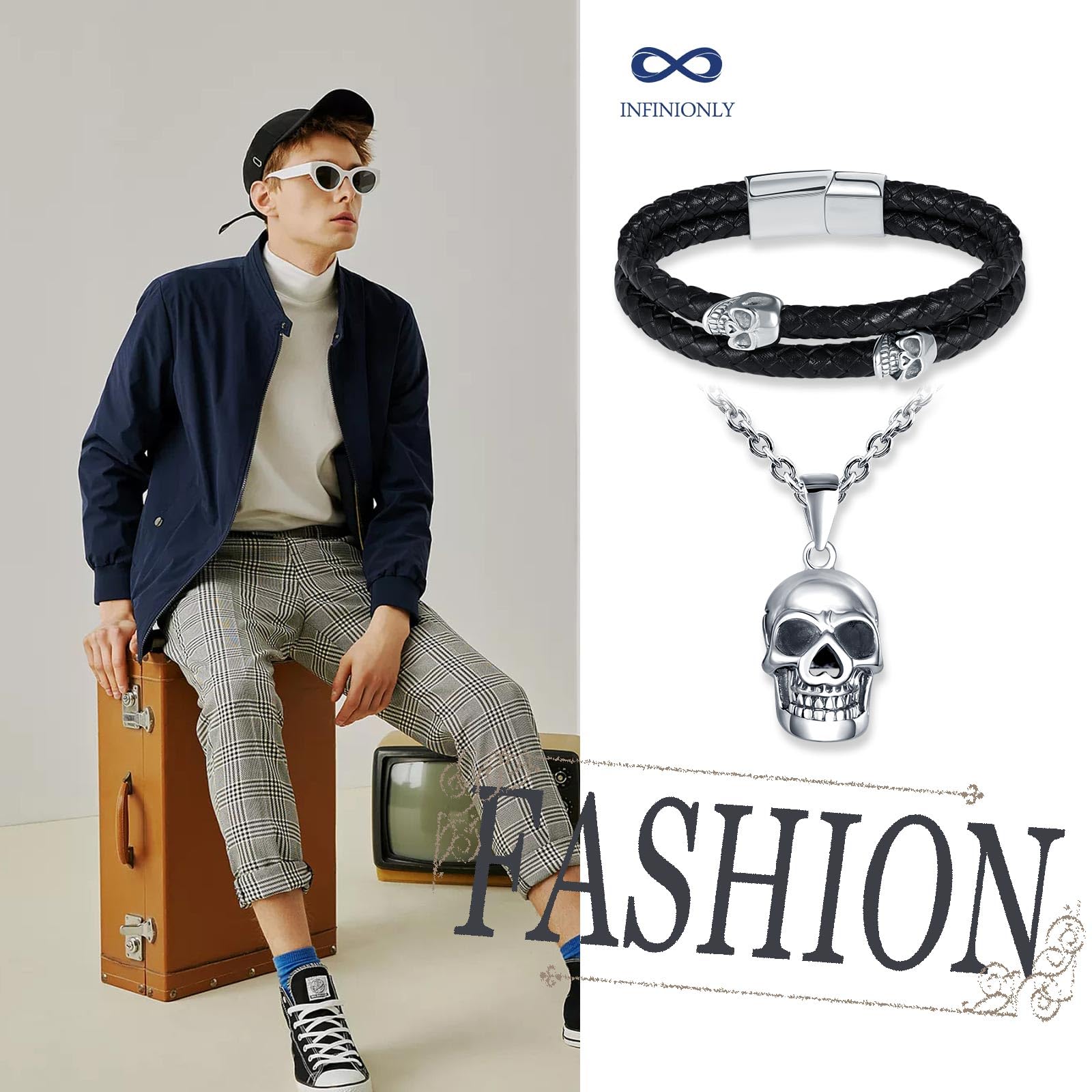 Homme Colliers et Bracelet en Acier Inoxydable Mode Parures de Bijoux pour Garçons Adolescents Bracelet en Cuir Tressé Multicouche I0422